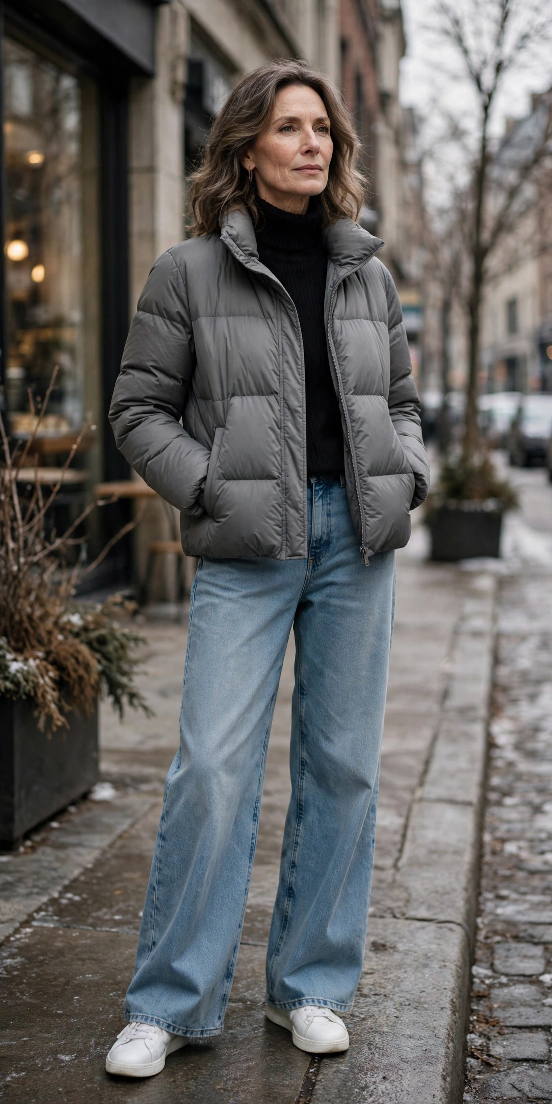 Woman over 50 in gray puffer jacket with wide leg jeans and sneakers