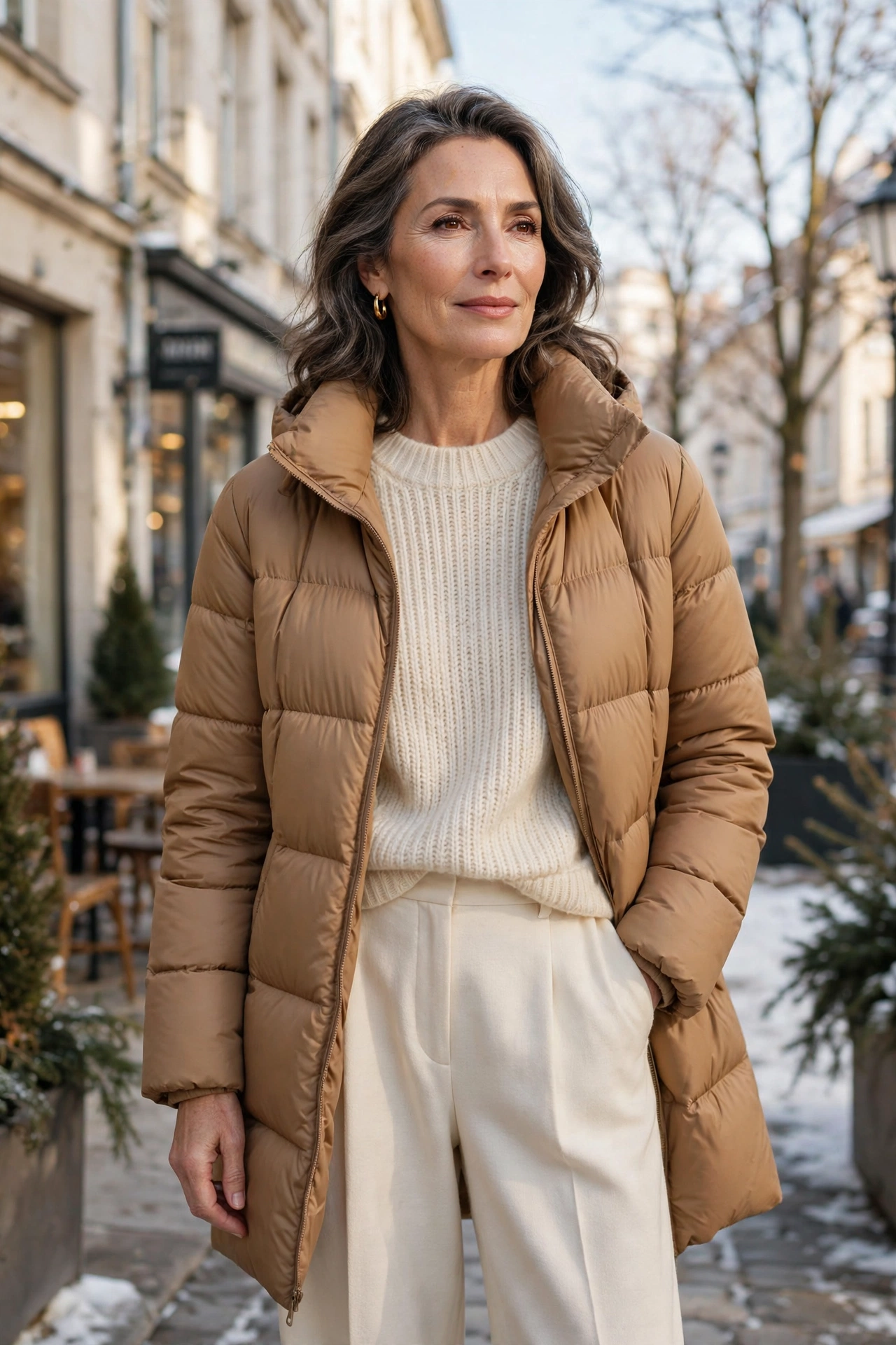 Woman over 50 in camel puffer jacket with cream sweater and trousers