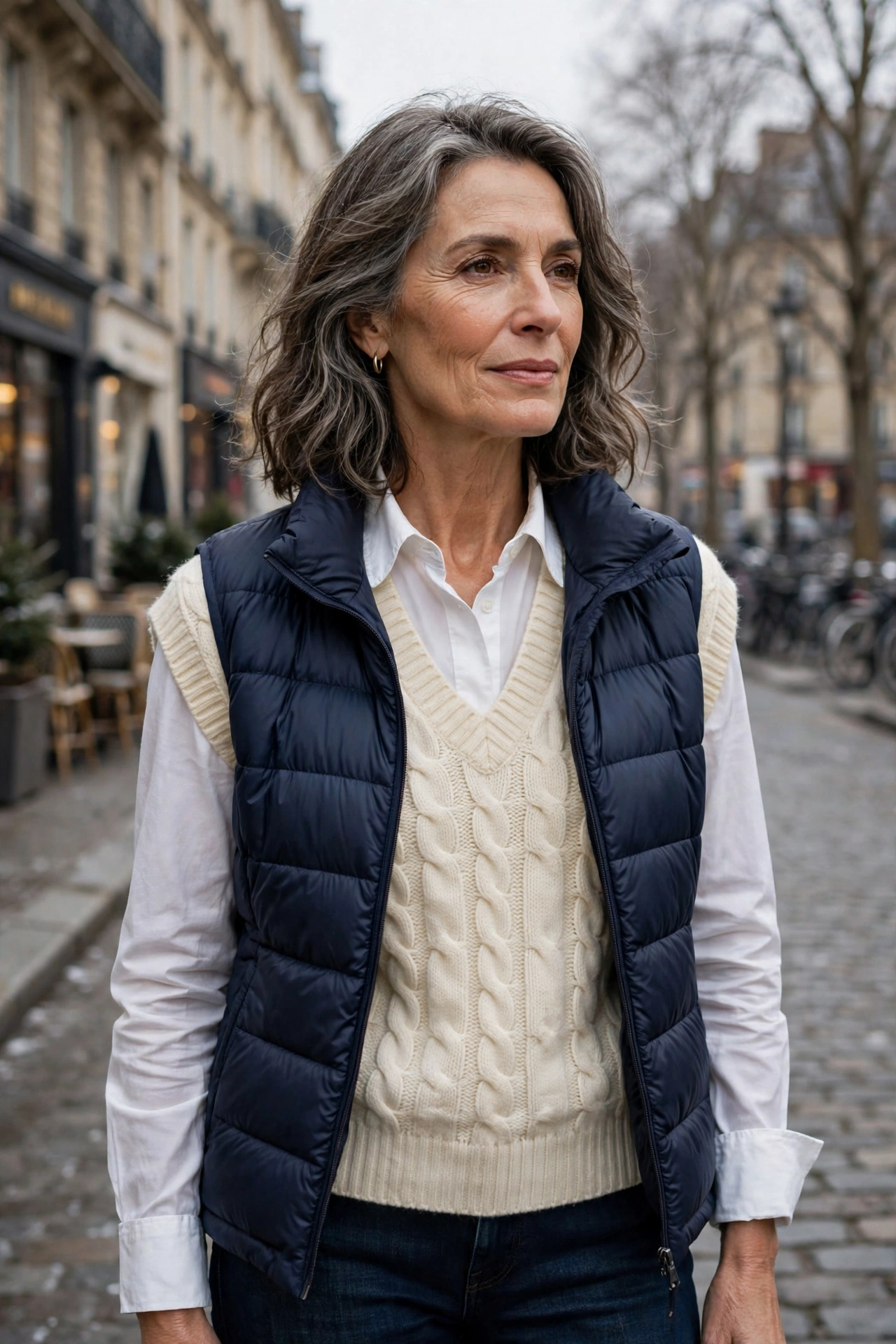 Woman over 50 in puffer vest layered over sweater vest preppy look