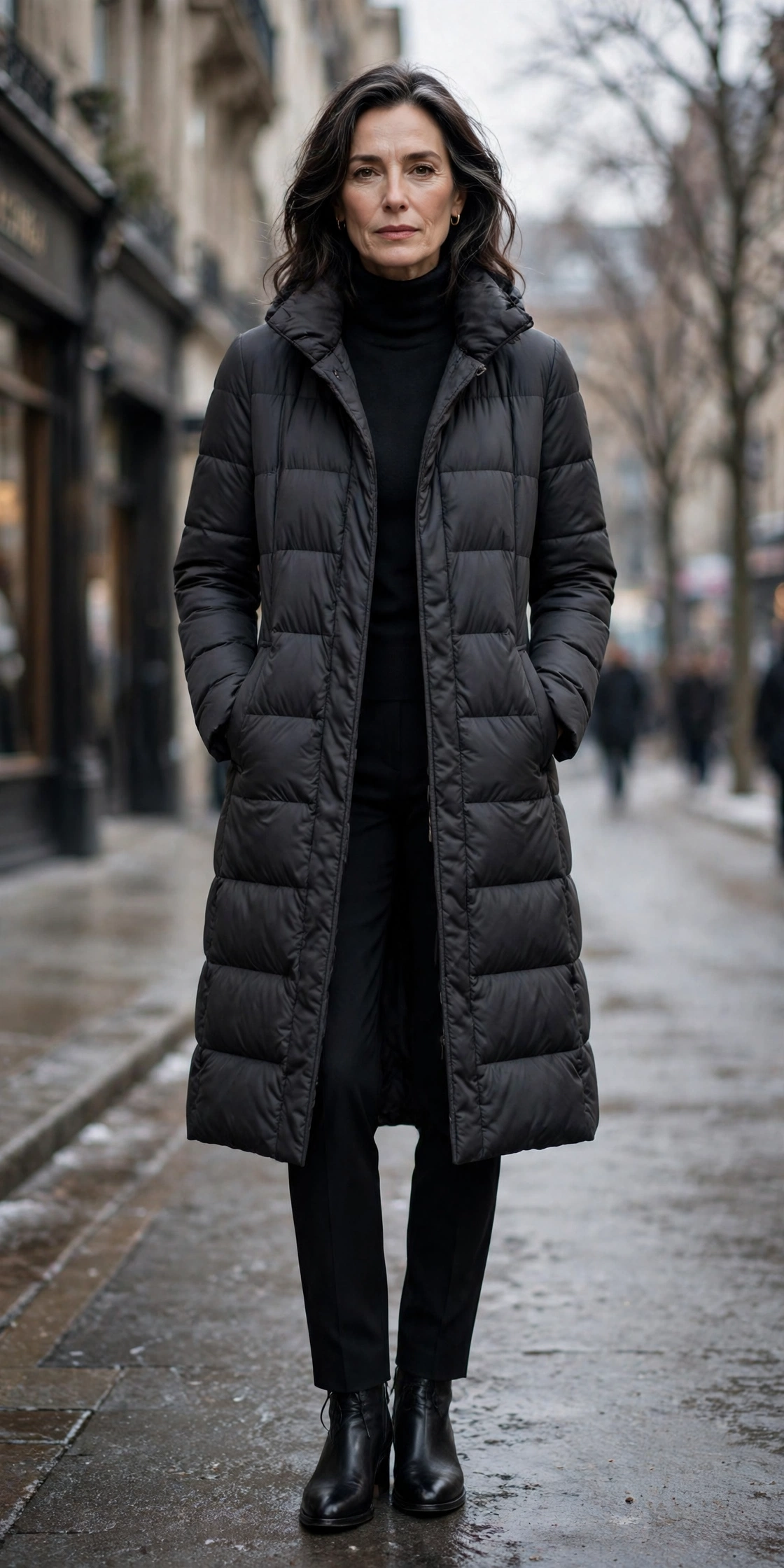 Woman over 50 in knee length dark puffer coat over all black column