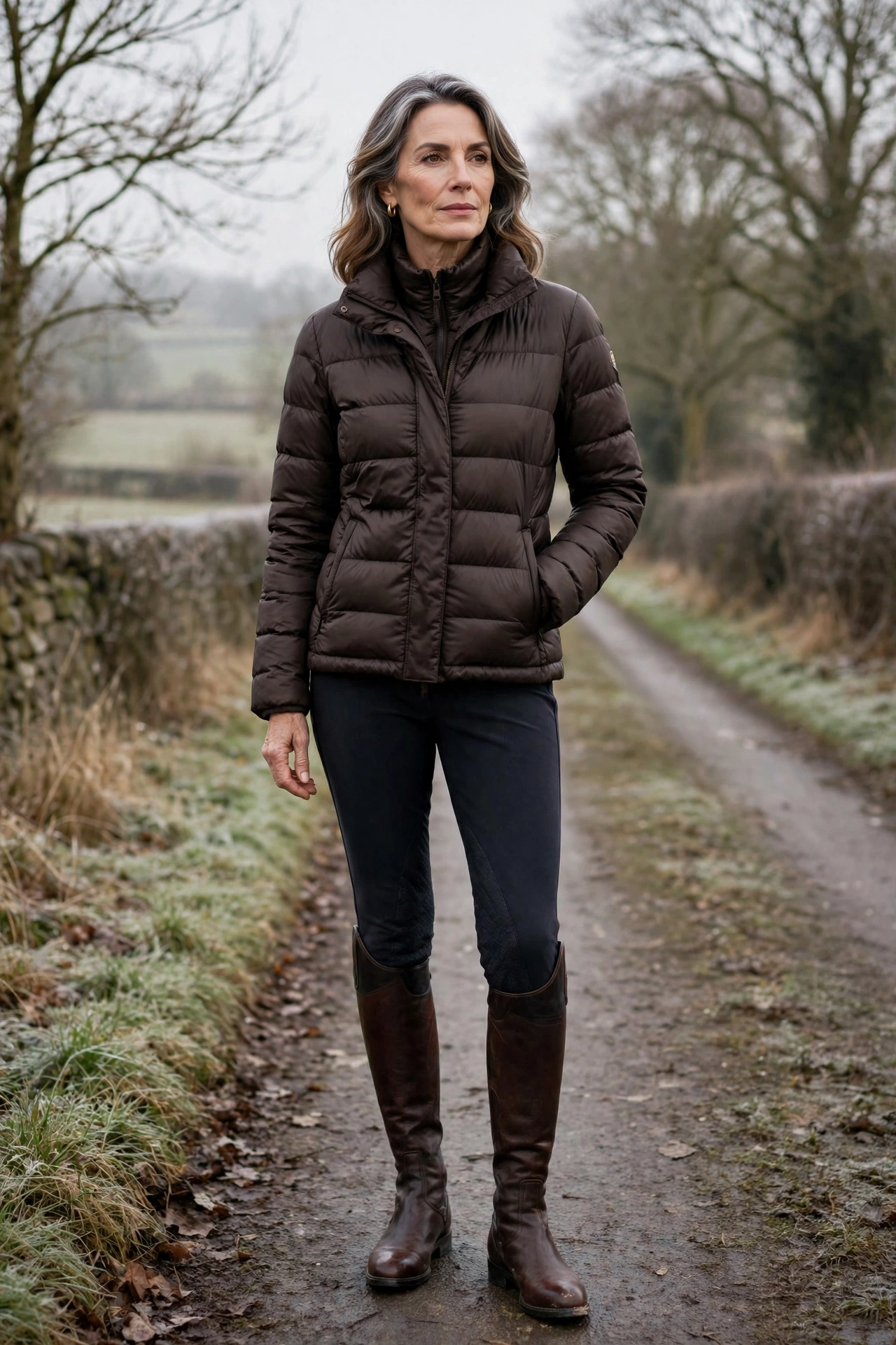 Woman over 50 in brown puffer jacket with tall riding boots