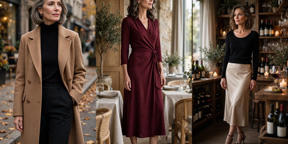 Three luxurious-looking outfits for women over 50: camel coat, burgundy dress, champagne skirt