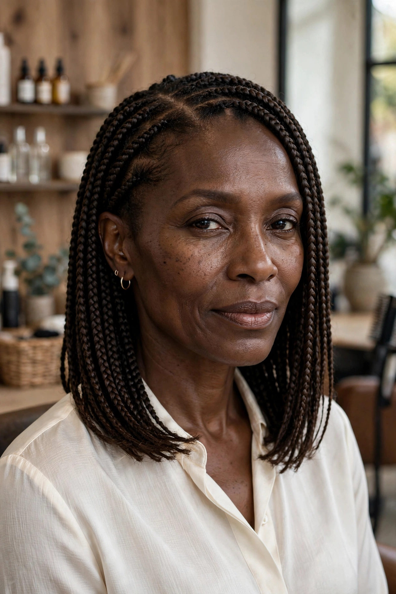 Black woman over 50 with classic shoulder-length box braids