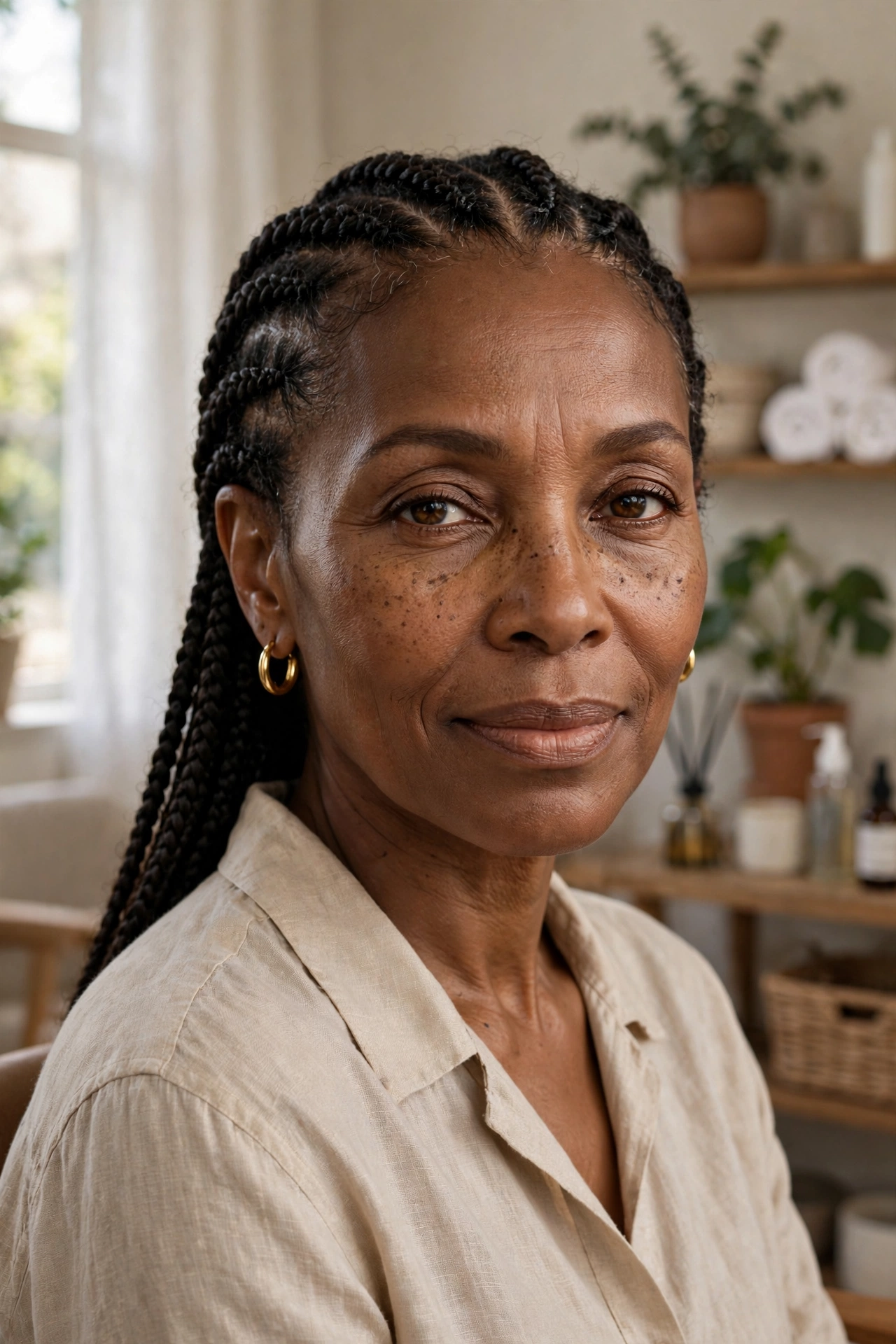 Black woman over 50 with medium knotless braids with soft parts