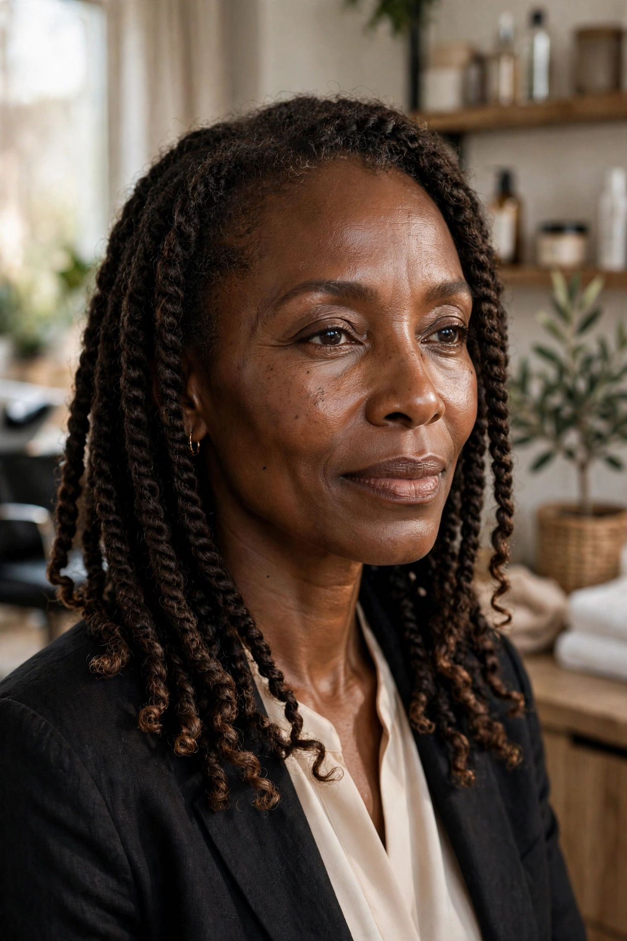 Black woman over 50 with two-strand twists with tapered ends