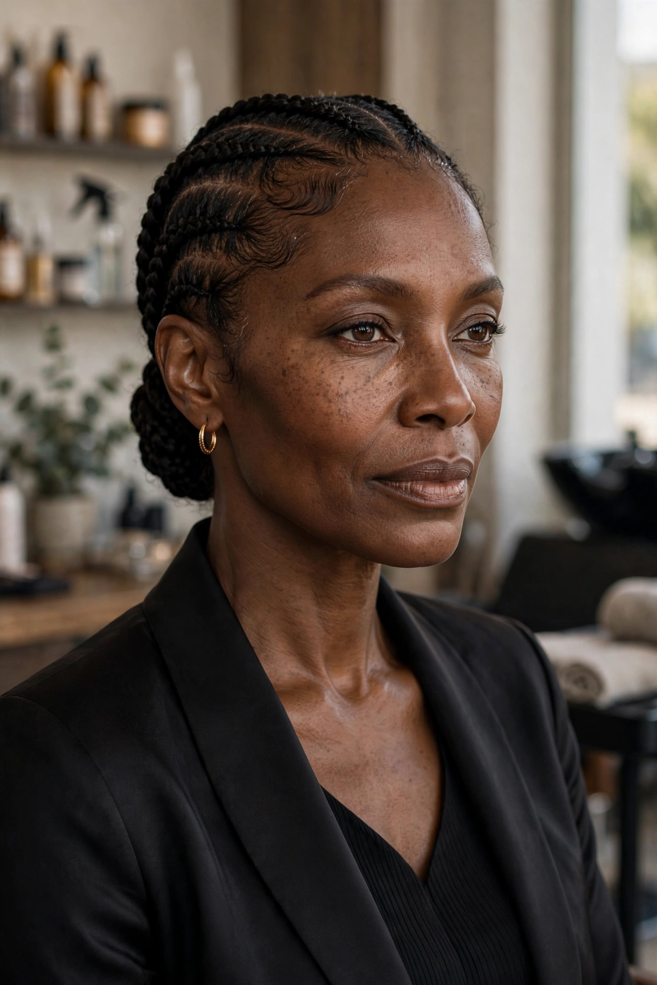 Black woman over 50 with feed-in cornrows in a low wrapped bun