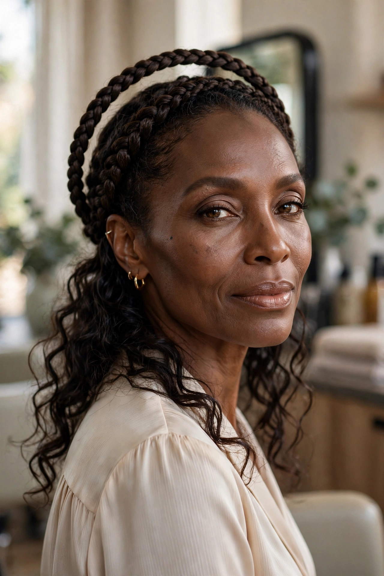 Black woman over 50 with braided crown and loose curls