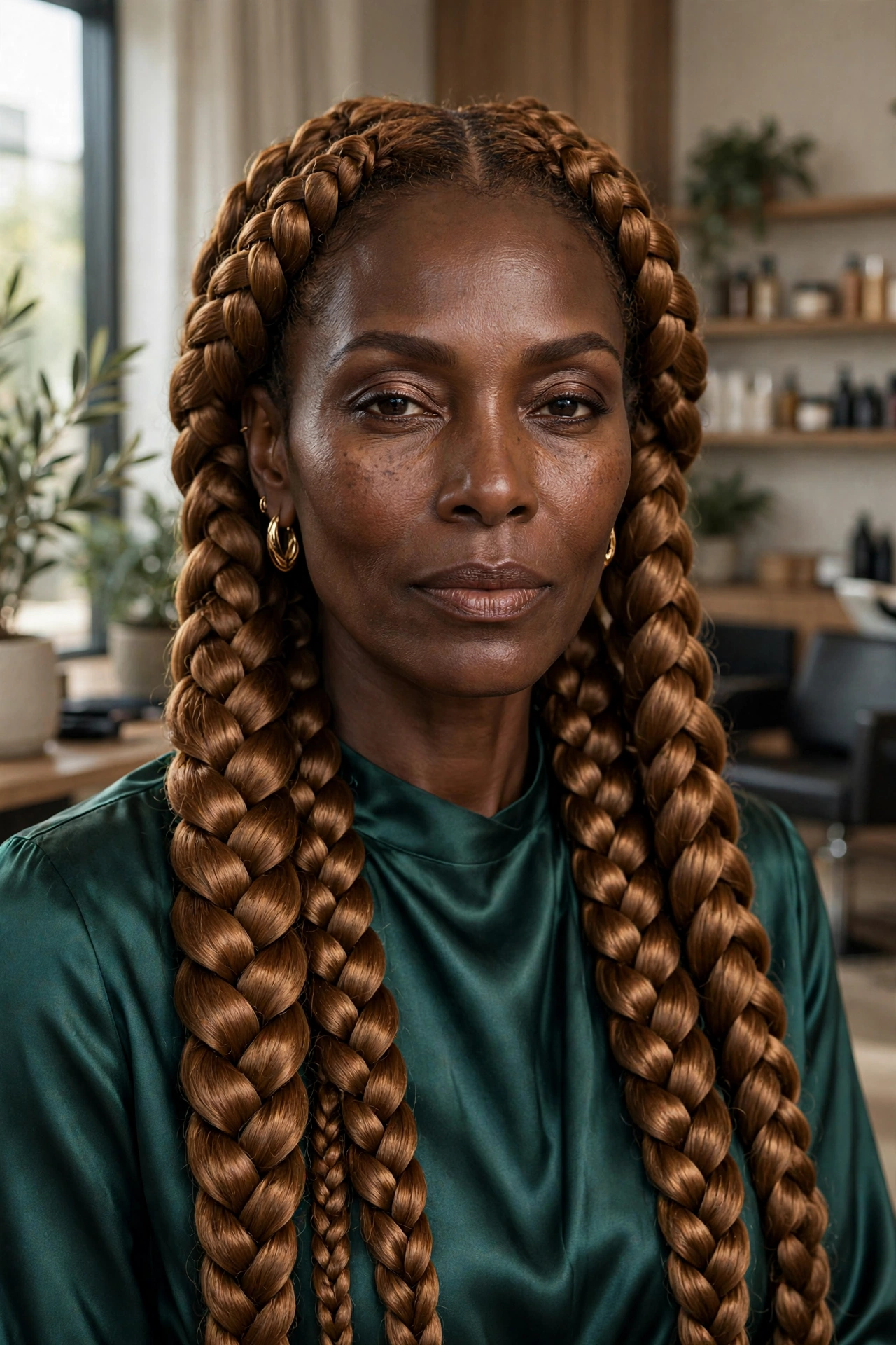 Black woman over 50 with honey-toned goddess braids