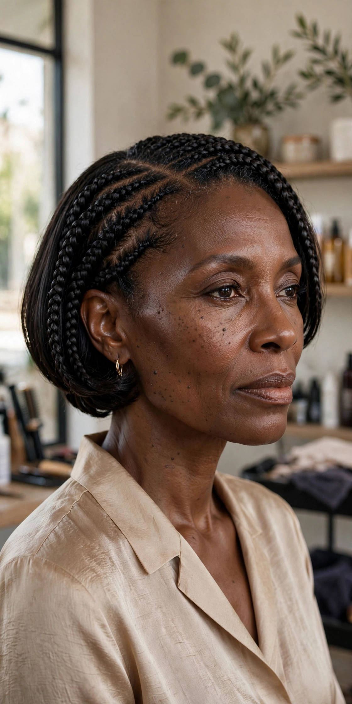 Black woman over 50 with side-parted cornrow bob