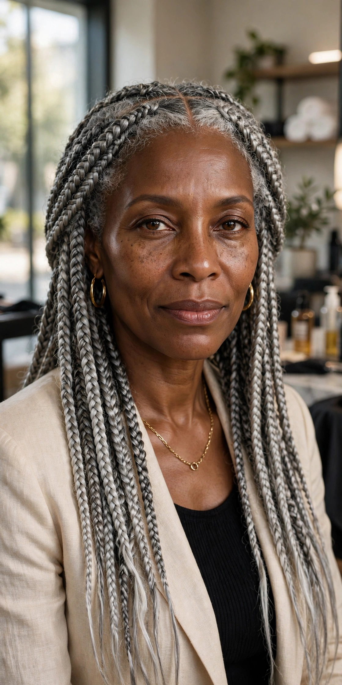 Black woman over 50 with silver-blended box braids