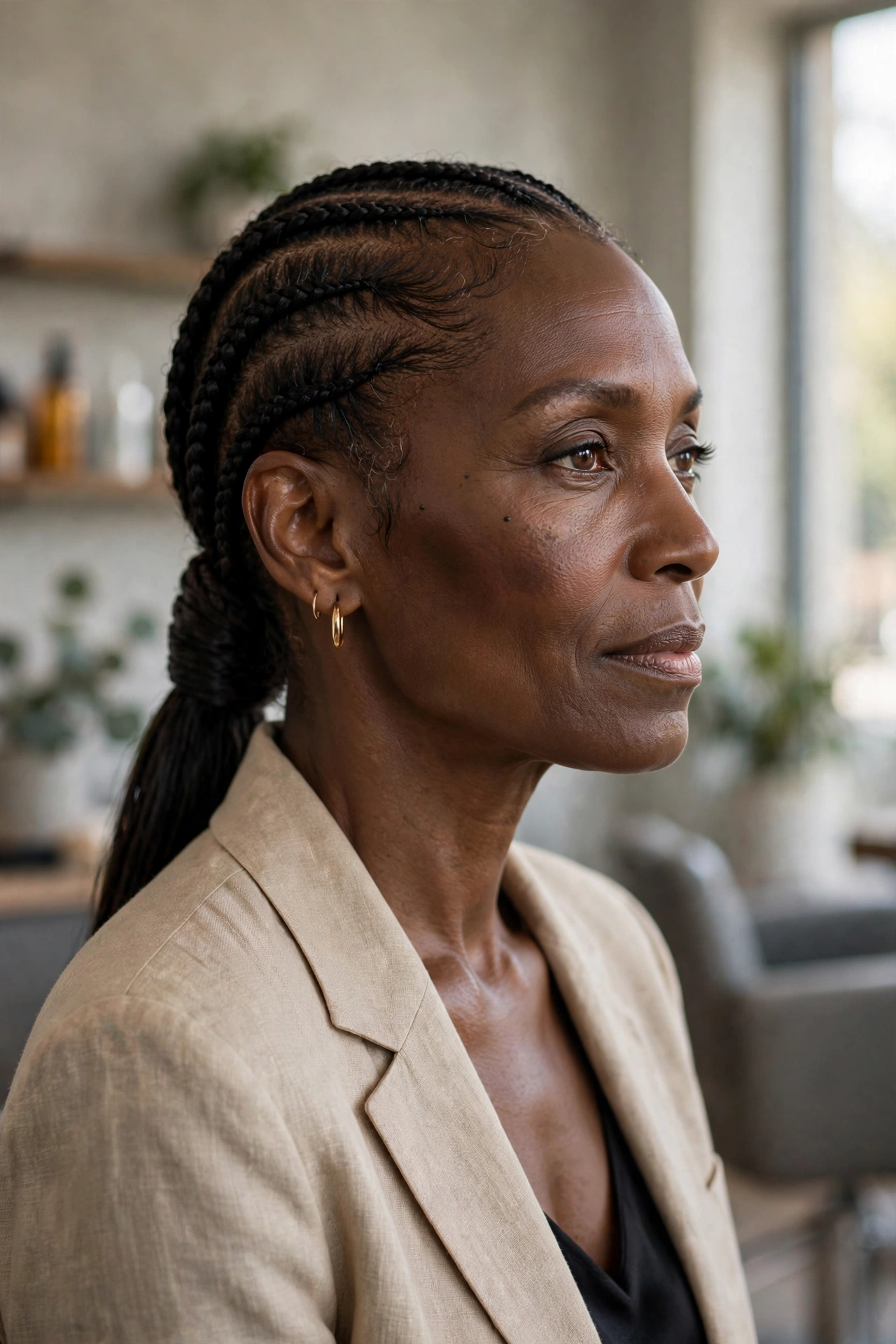 Black woman over 50 with sleek low braided ponytail
