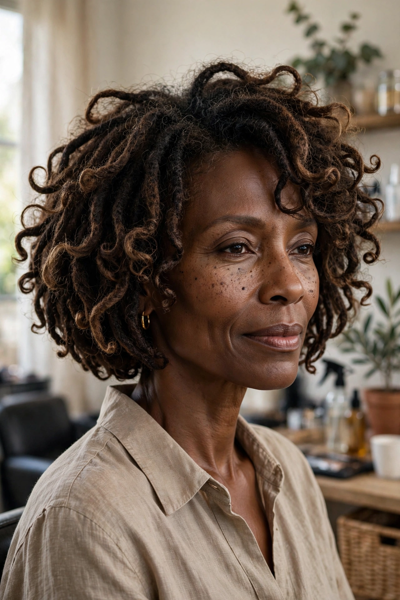 Black woman over 50 with butterfly locs bob