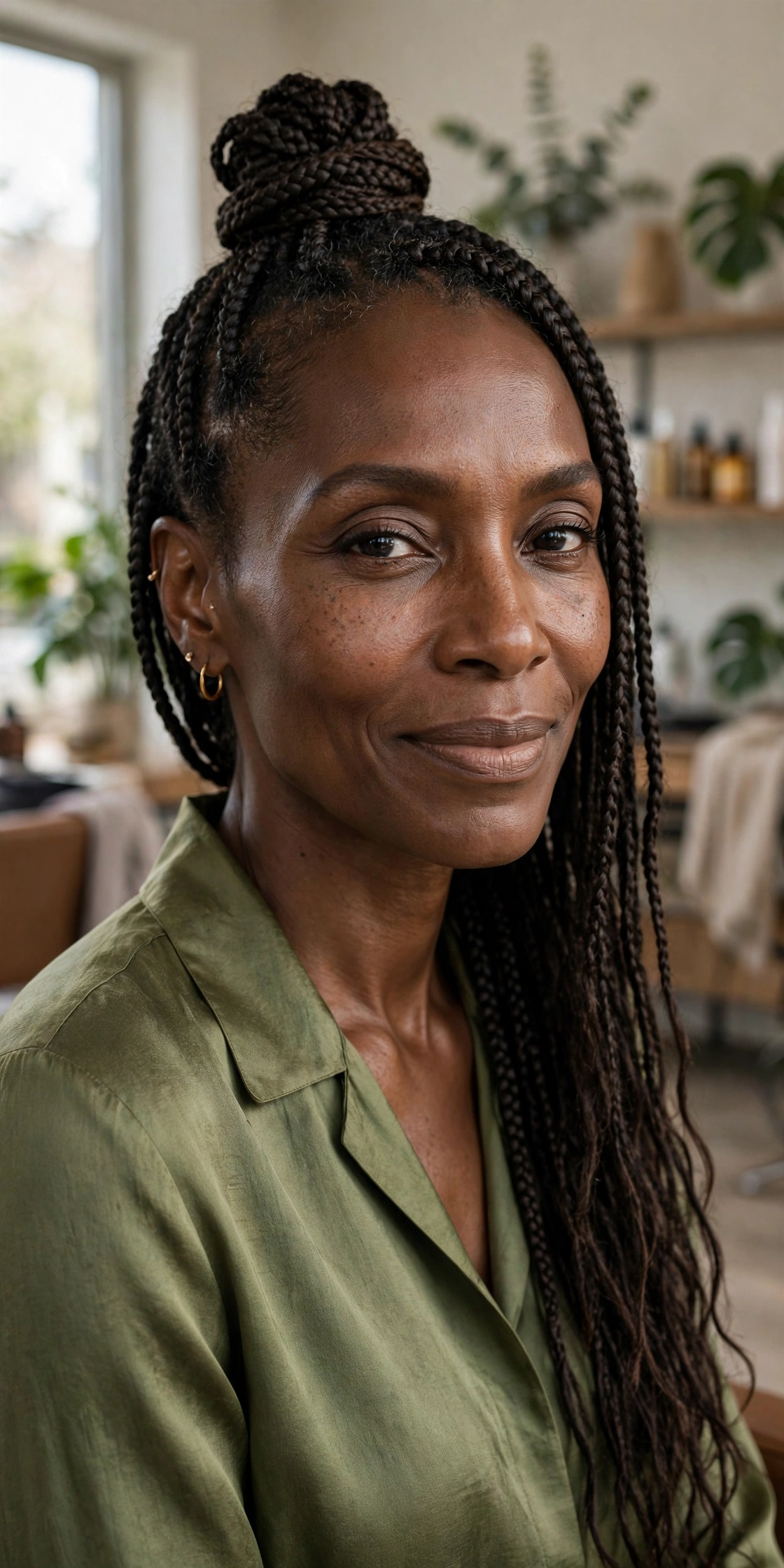 Black woman over 50 with half-up braided topknot