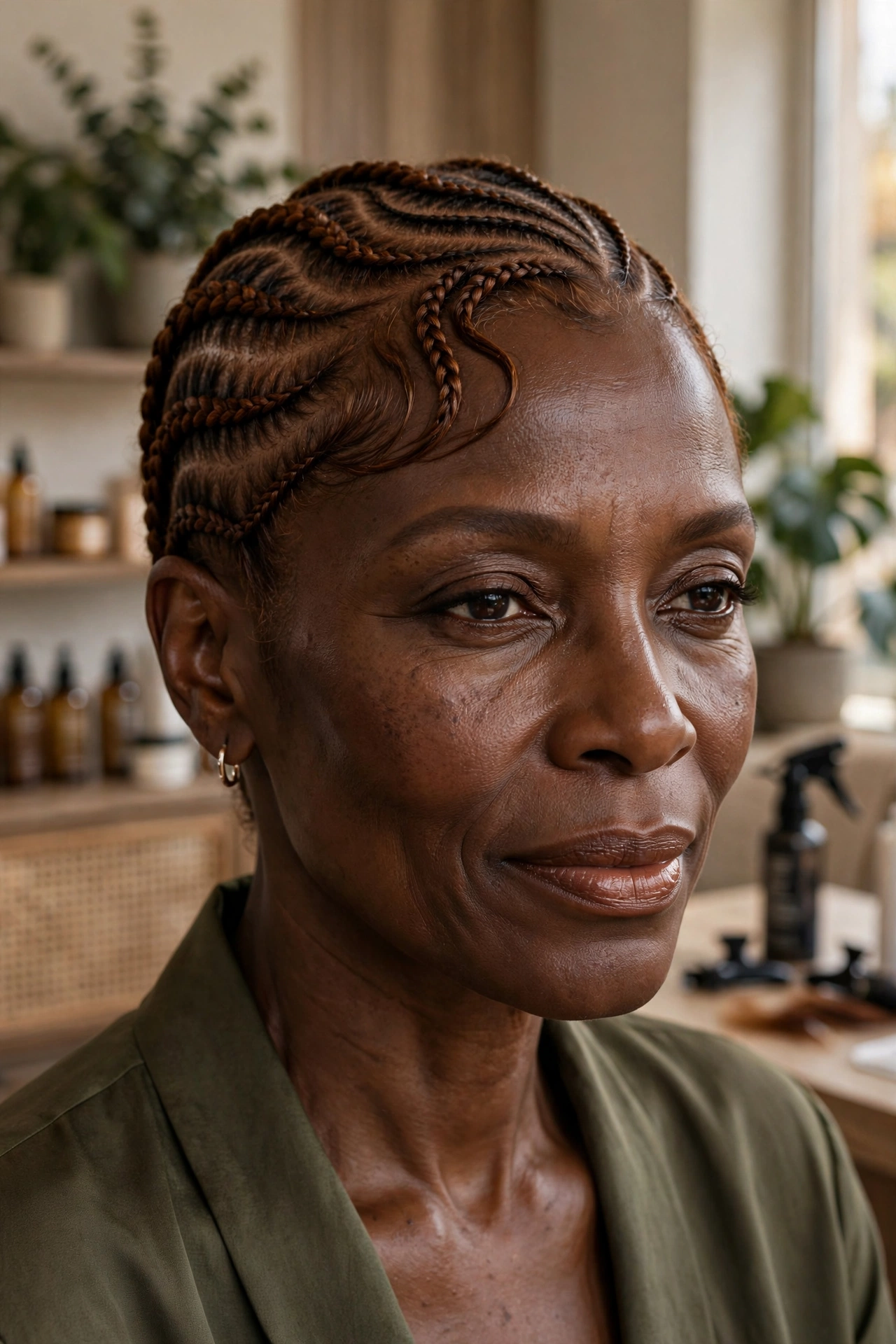 Black woman over 50 with chestnut feed-in braids