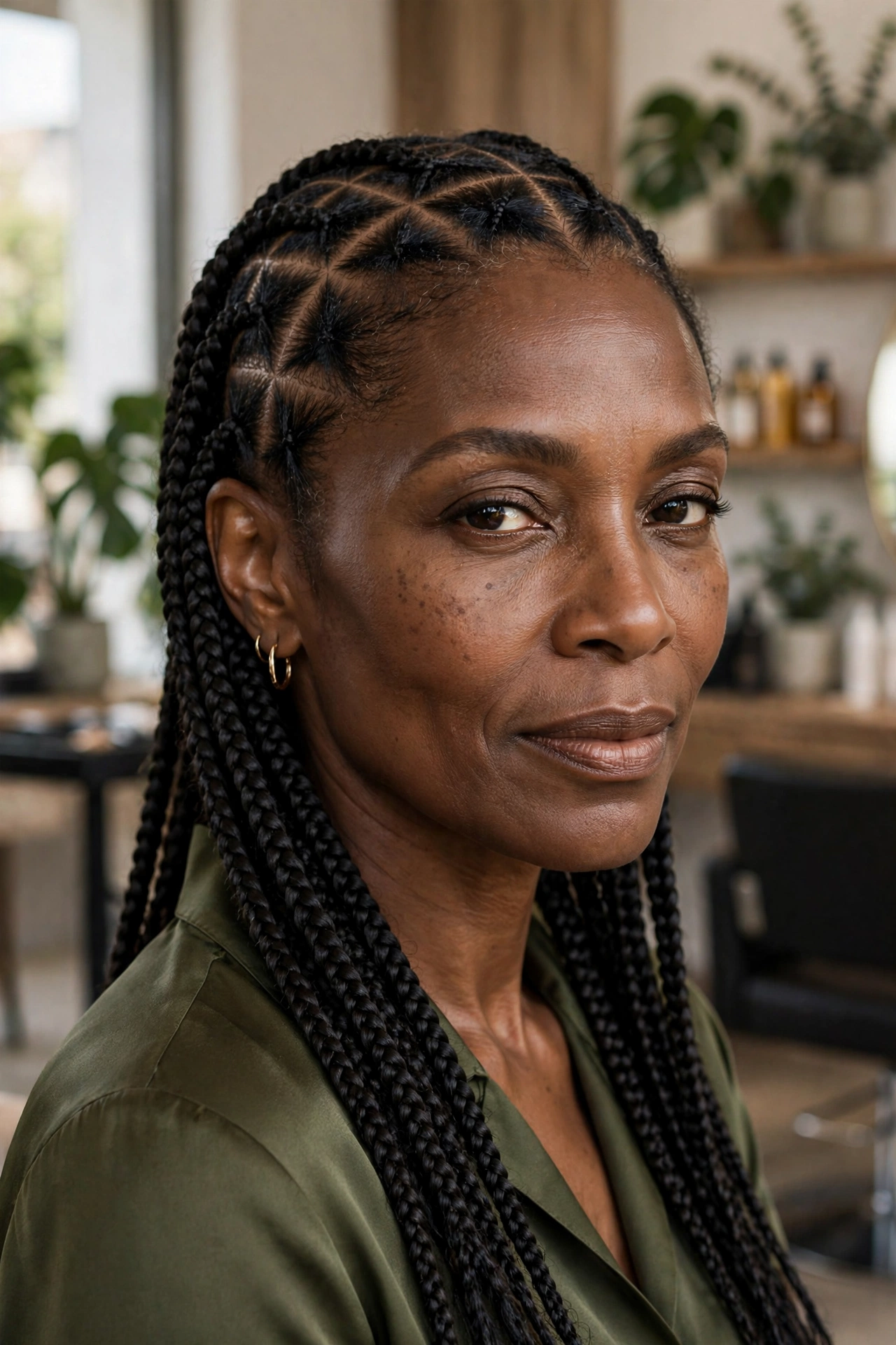 Black woman over 50 with diamond-part knotless braids
