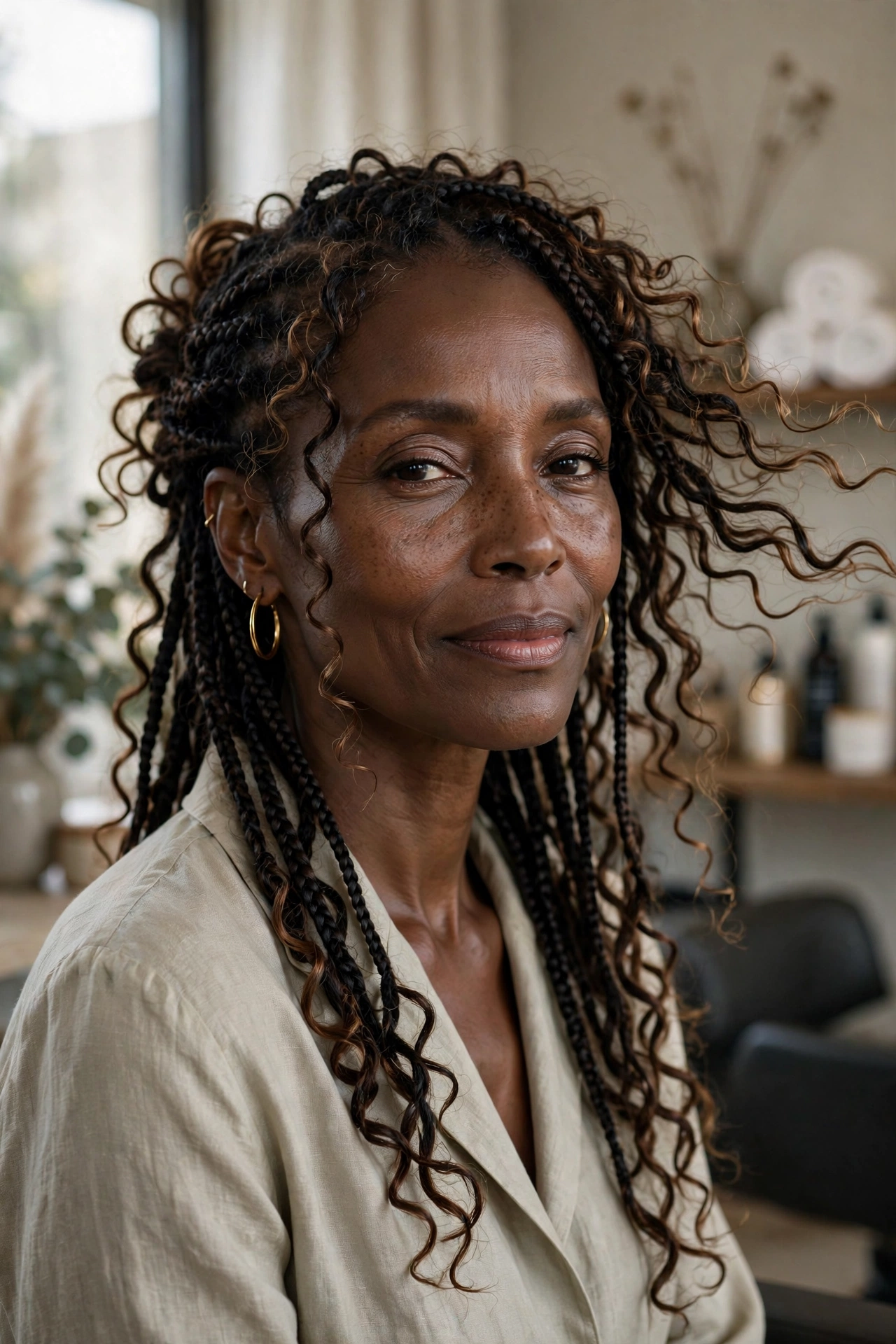 Black woman over 50 with loose bohemian braids with curls