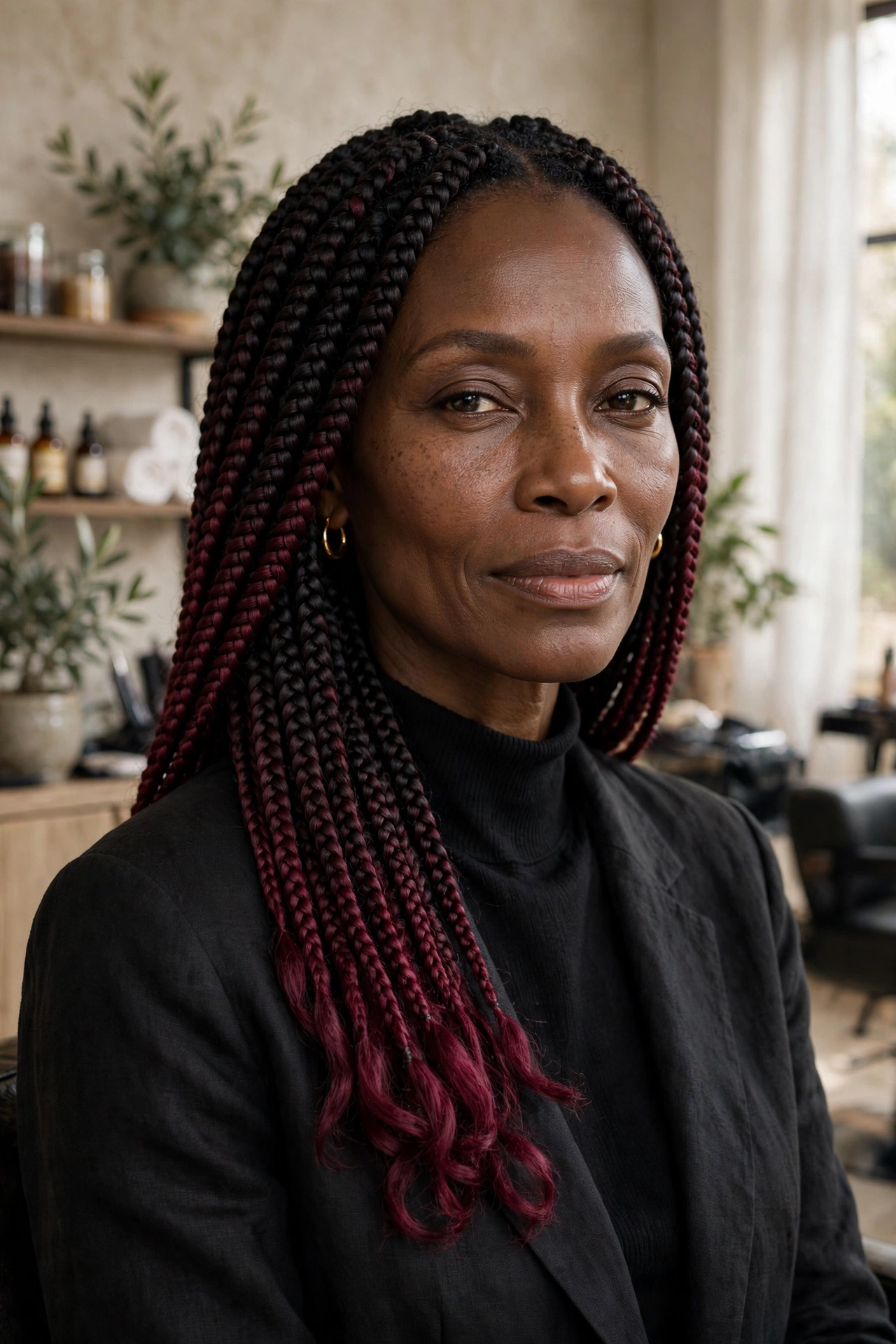 Black woman over 50 with burgundy-tipped box braids