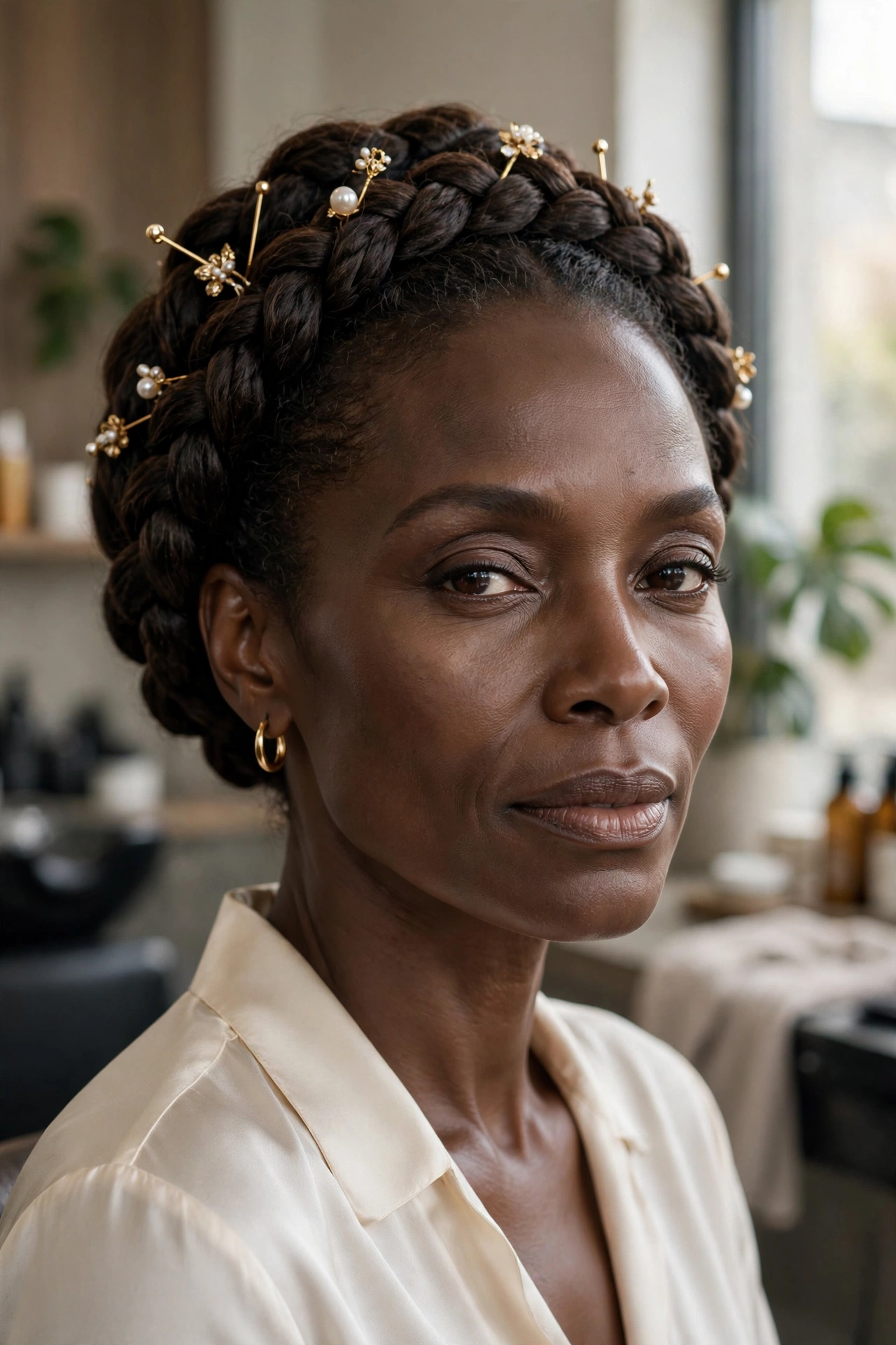 Black woman over 50 with halo braid updo