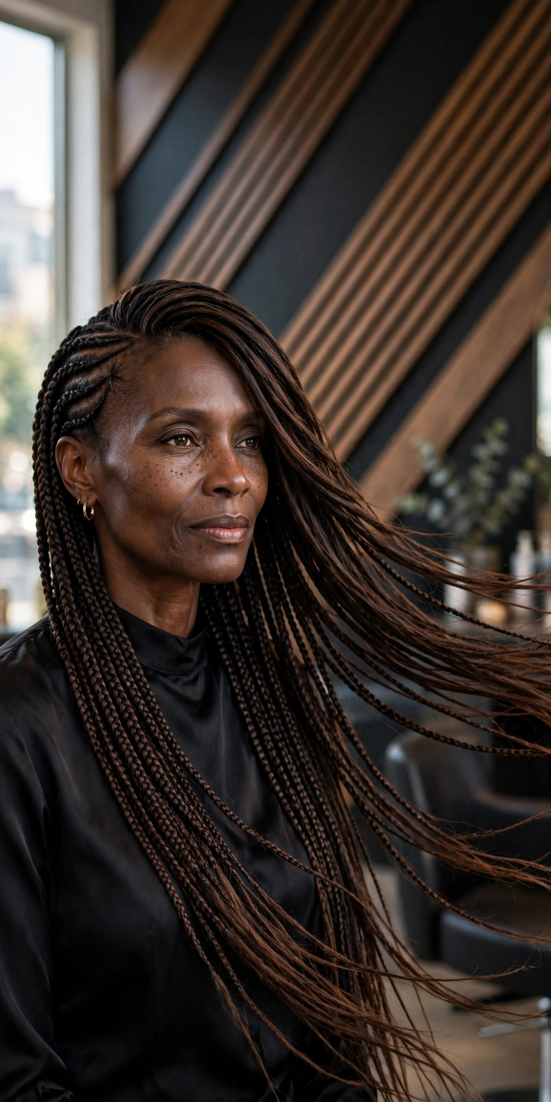 Black woman over 50 with asymmetrical side-swept feed-in braids