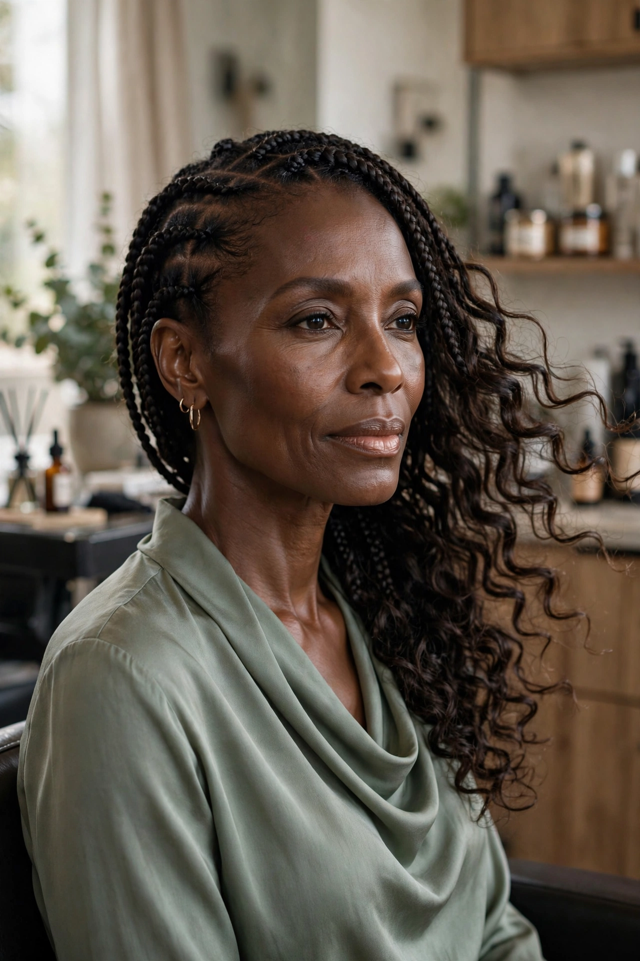 Black woman over 50 with curly-end knotless braids