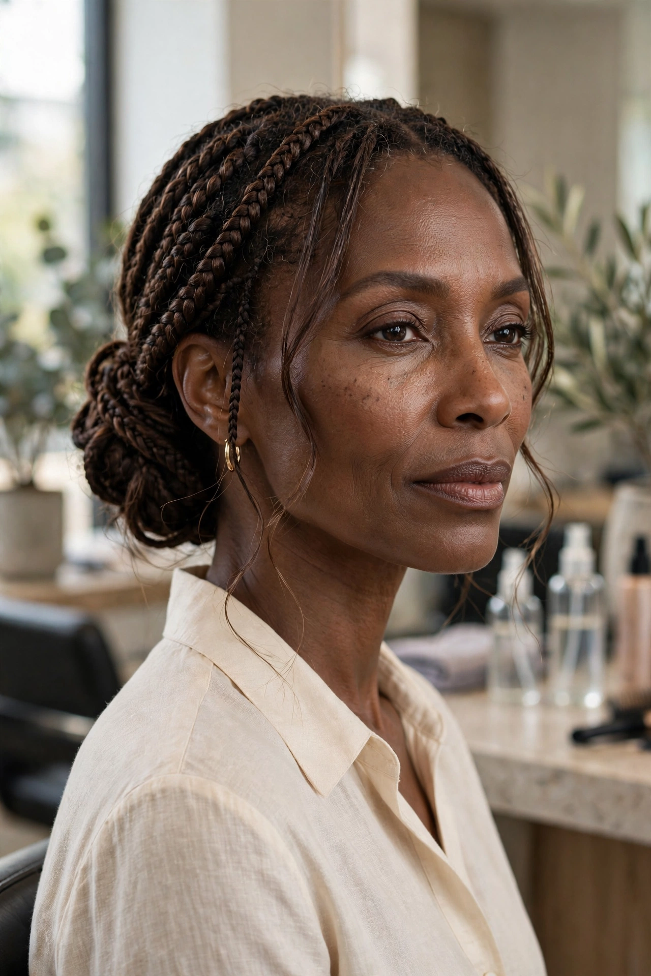 Black woman over 50 with braided low chignon