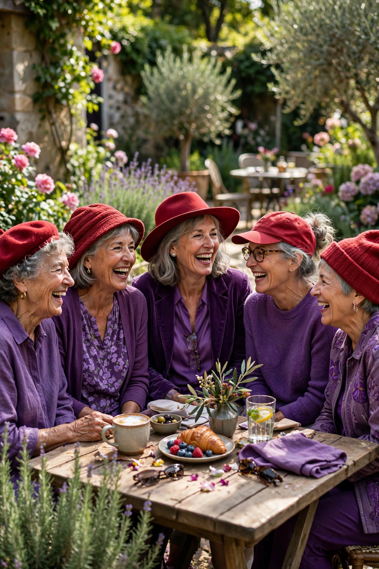 Group of women in their 60s wearing red hats and purple outfits laughing at a garden cafe table