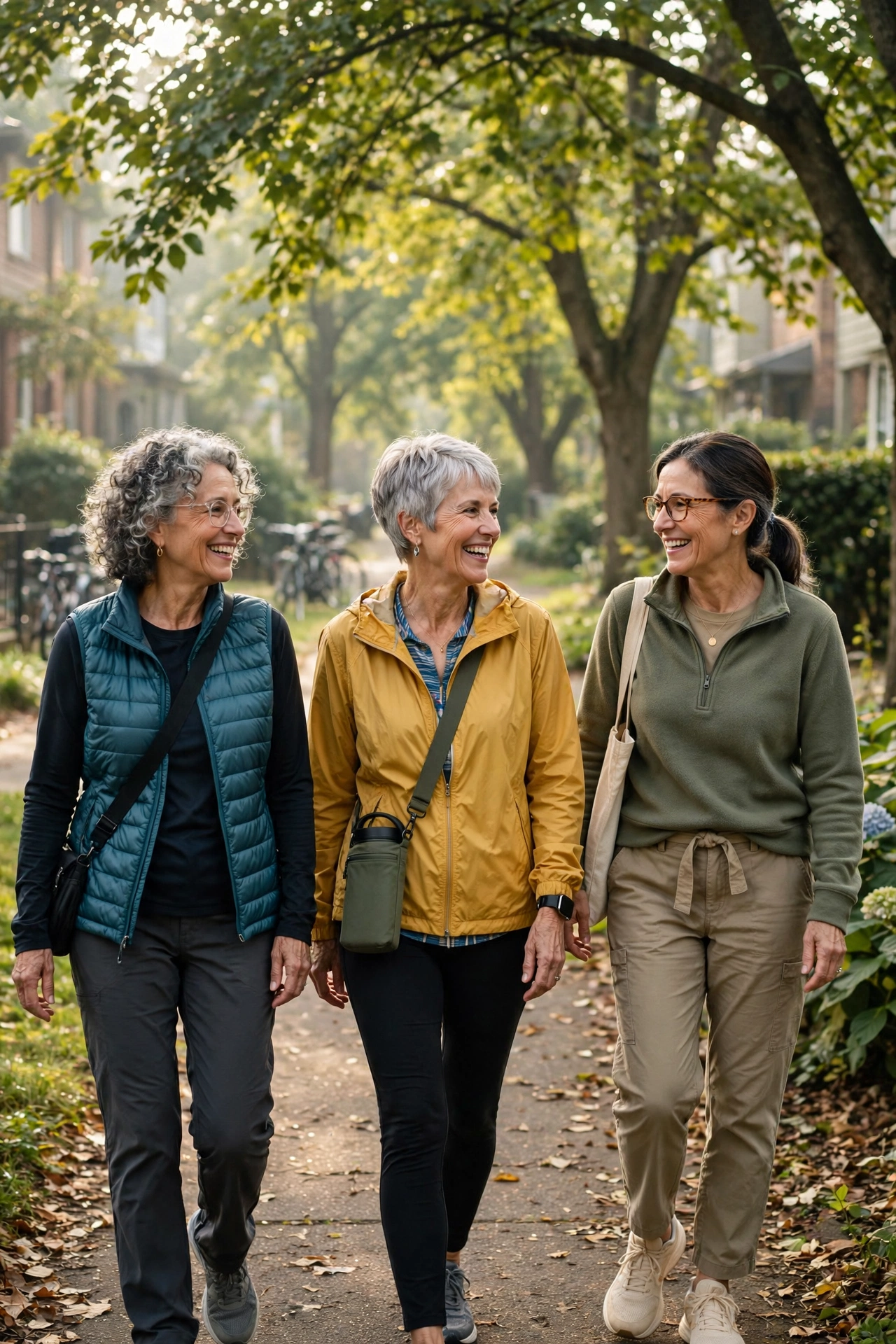 Three women in their 60s walking together on a leafy neighborhood path