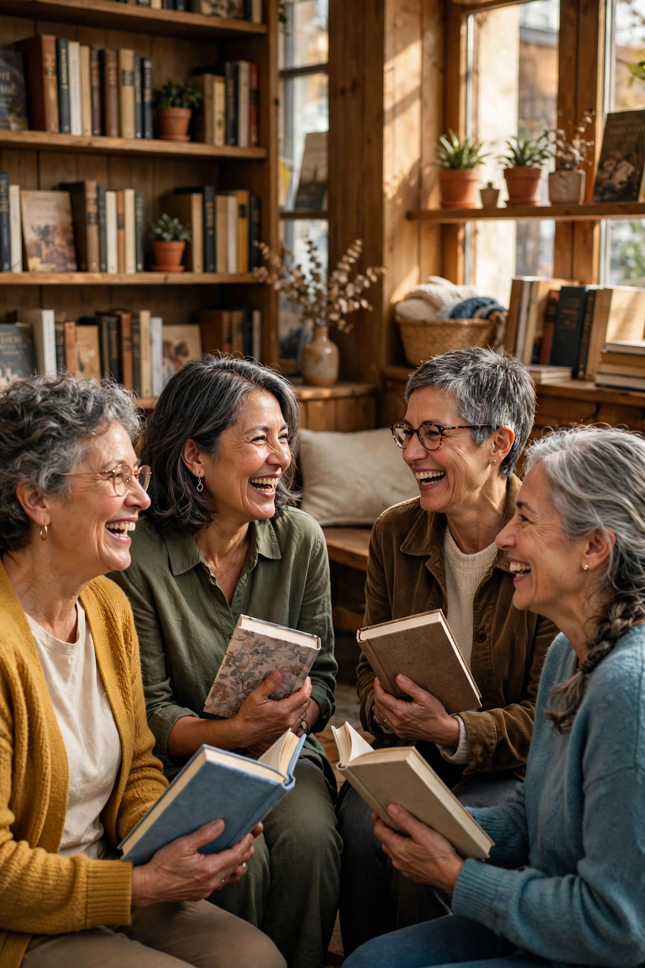 Women in their 60s holding books and laughing in a cozy bookstore