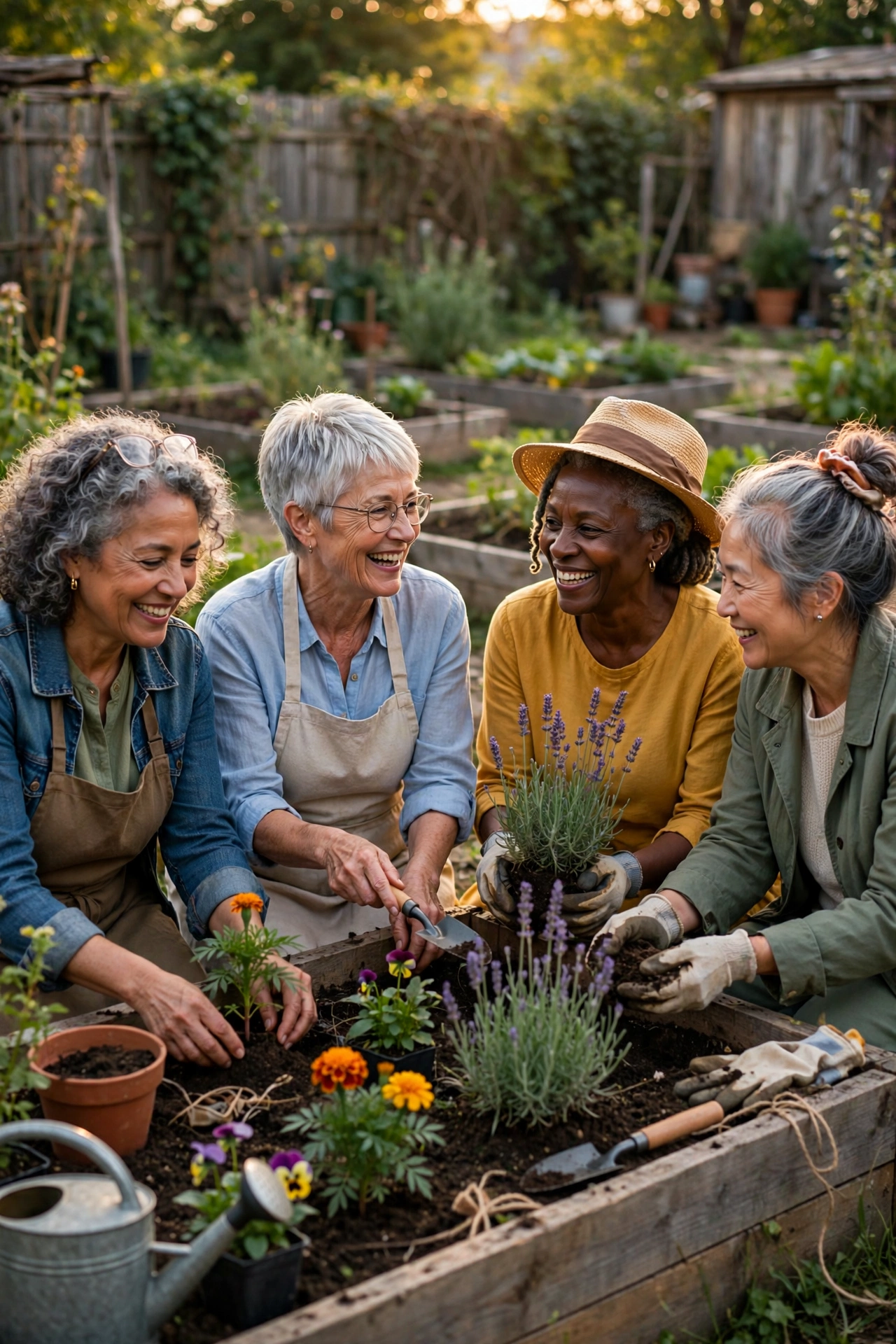 Women in their 60s gardening together in a community garden