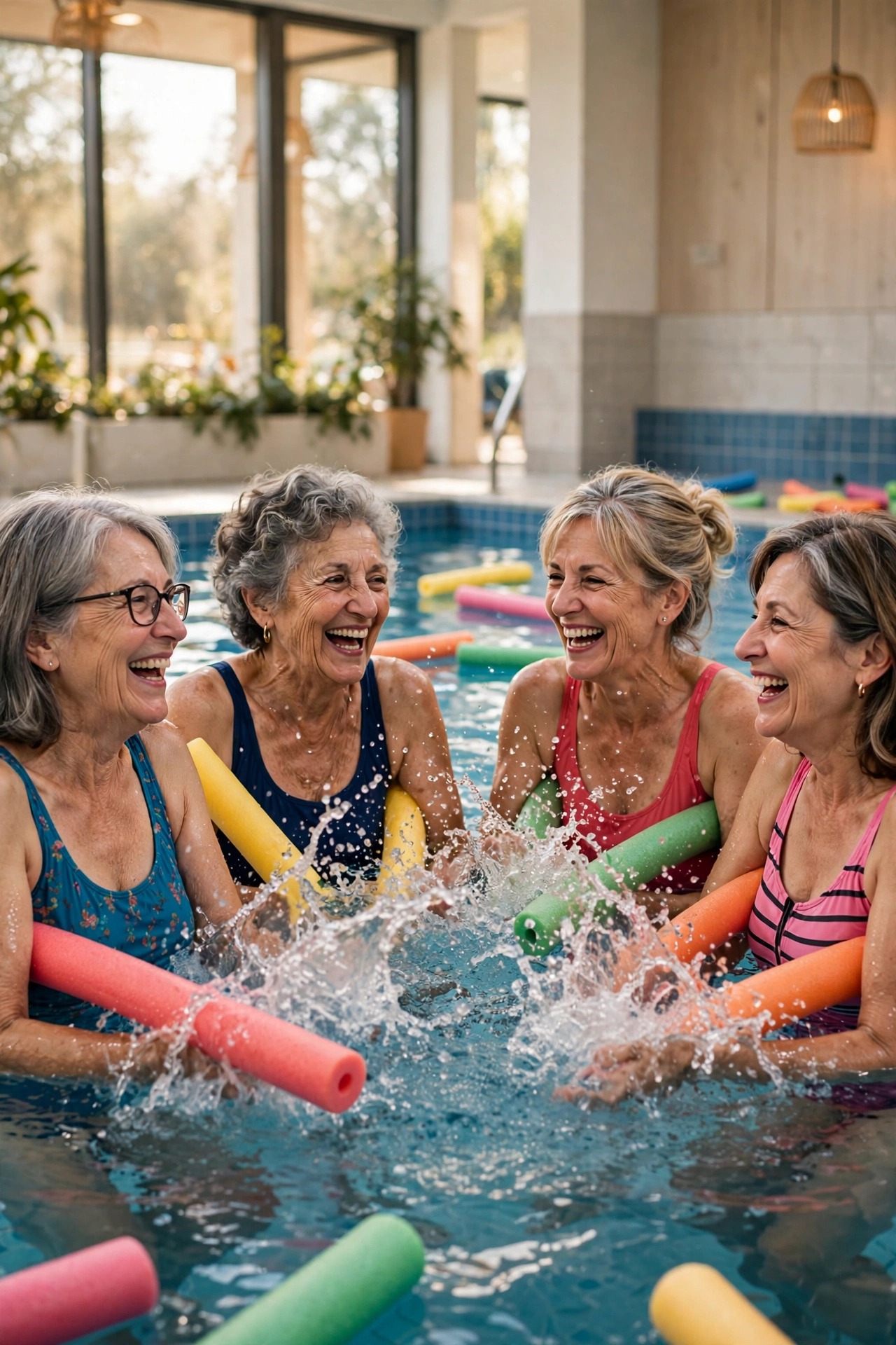 Women in their 60s enjoying water aerobics in a bright indoor pool