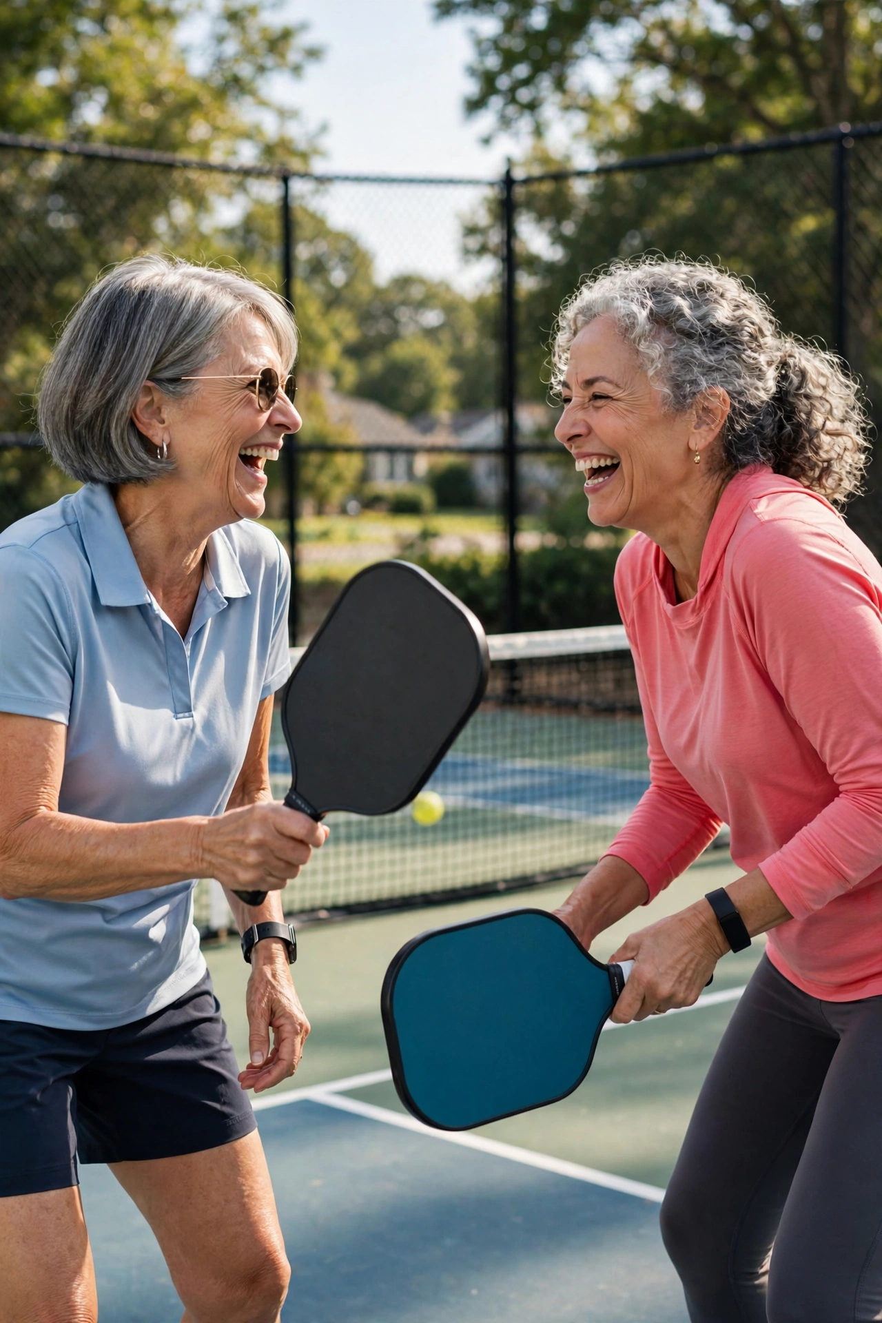 Two women in their 60s playing pickleball on a sunny court