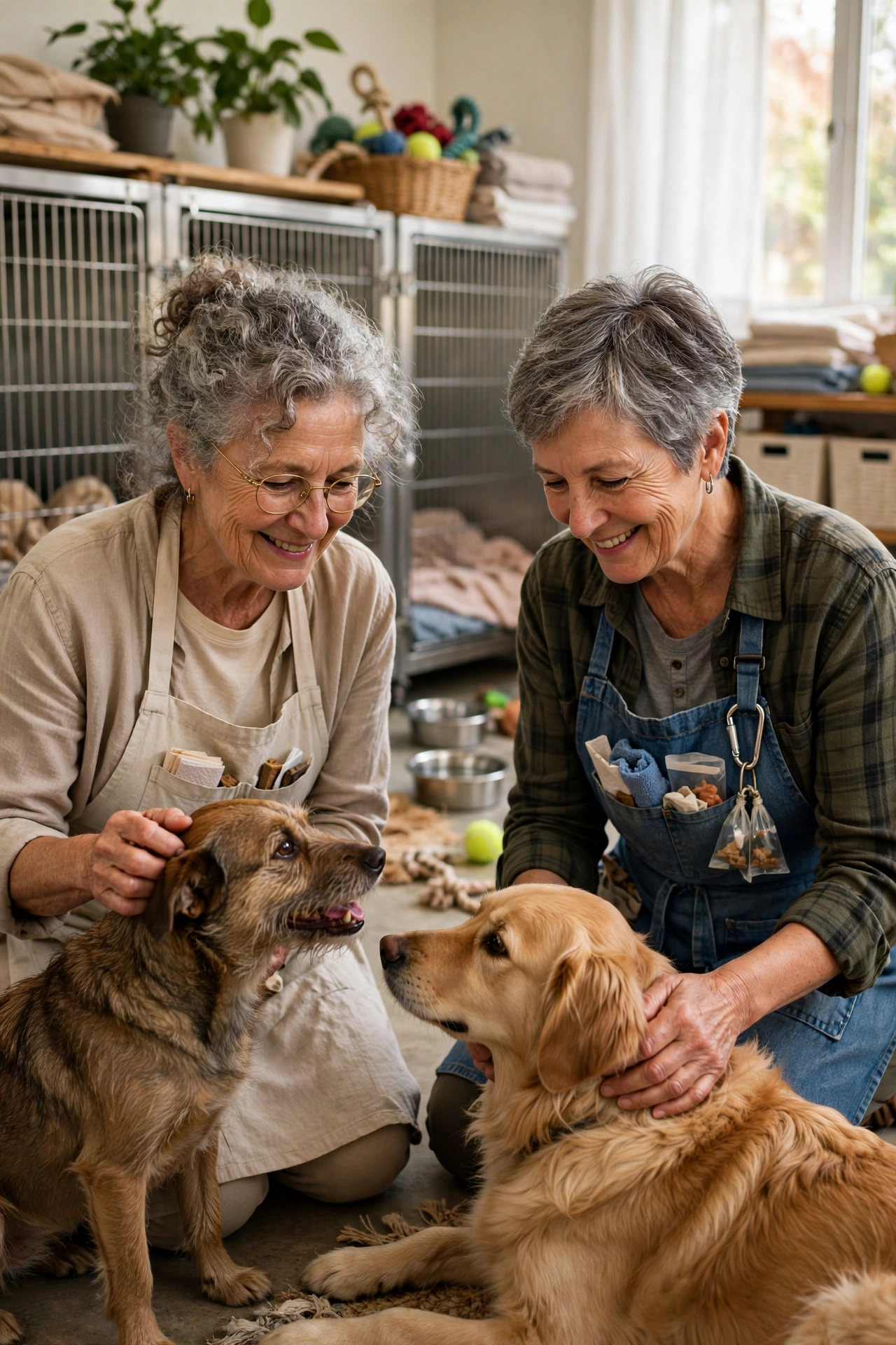 Women in their 60s volunteering at an animal shelter petting dogs