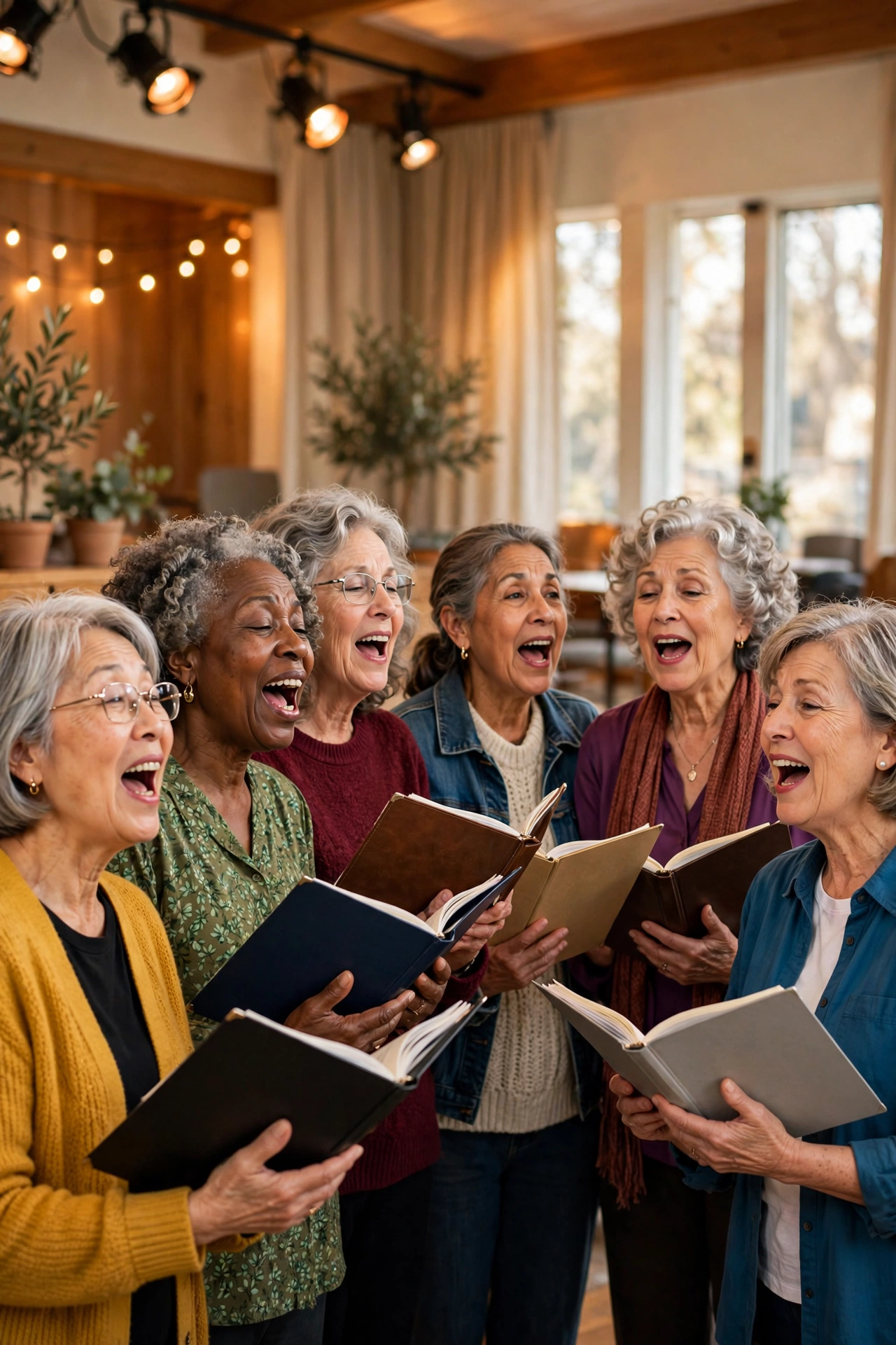 Community choir of women in their 60s singing together joyfully