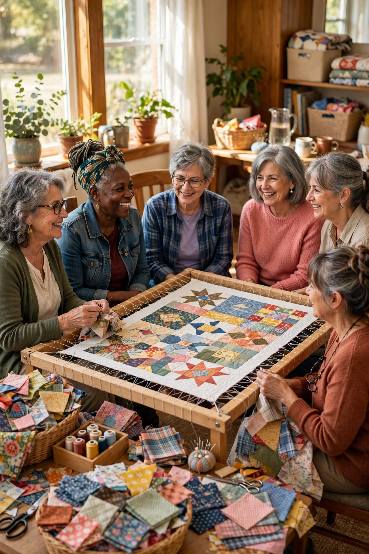 Women in their 60s quilting together in a sunny room