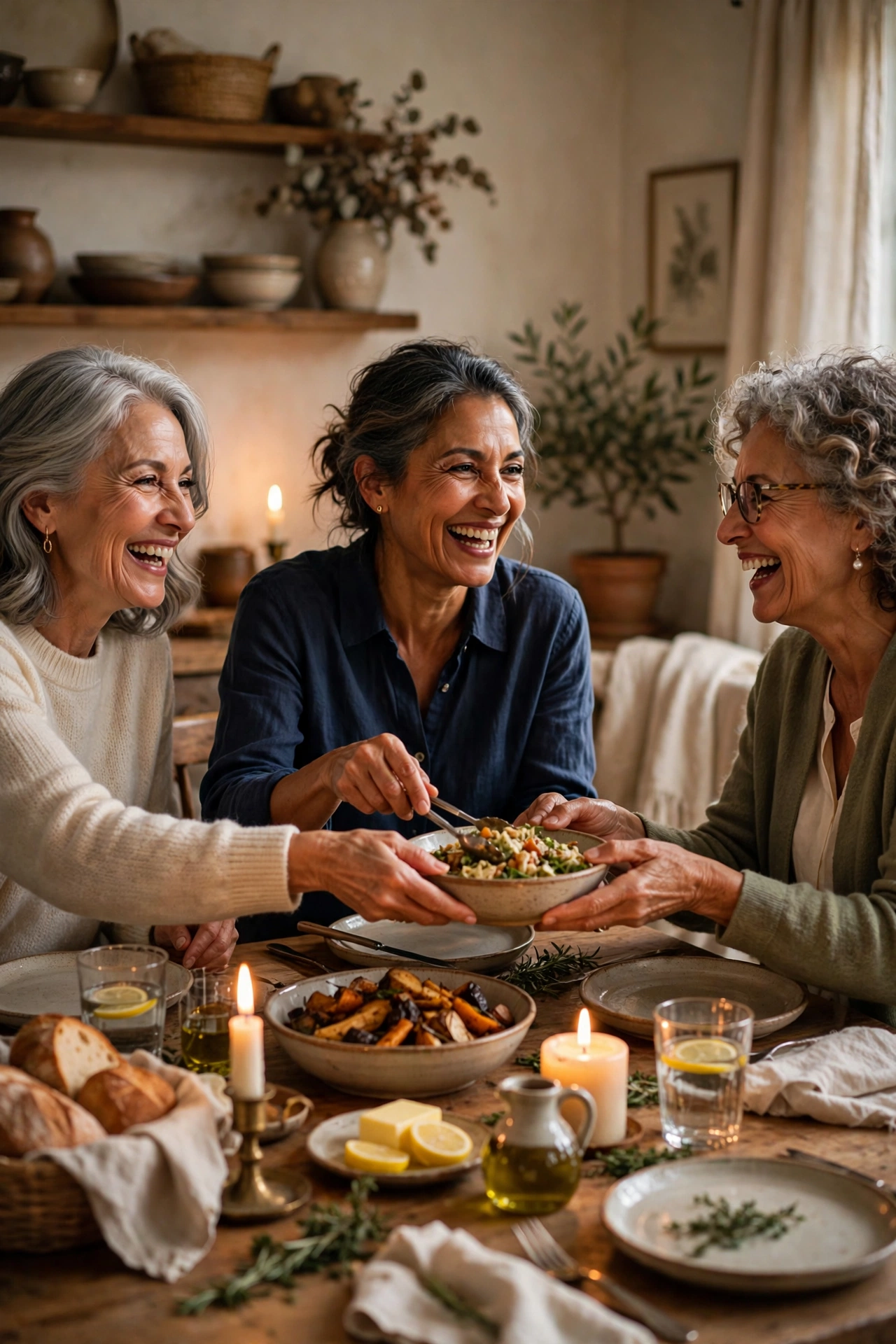 Women in their 60s sharing a homemade supper at a candlelit table