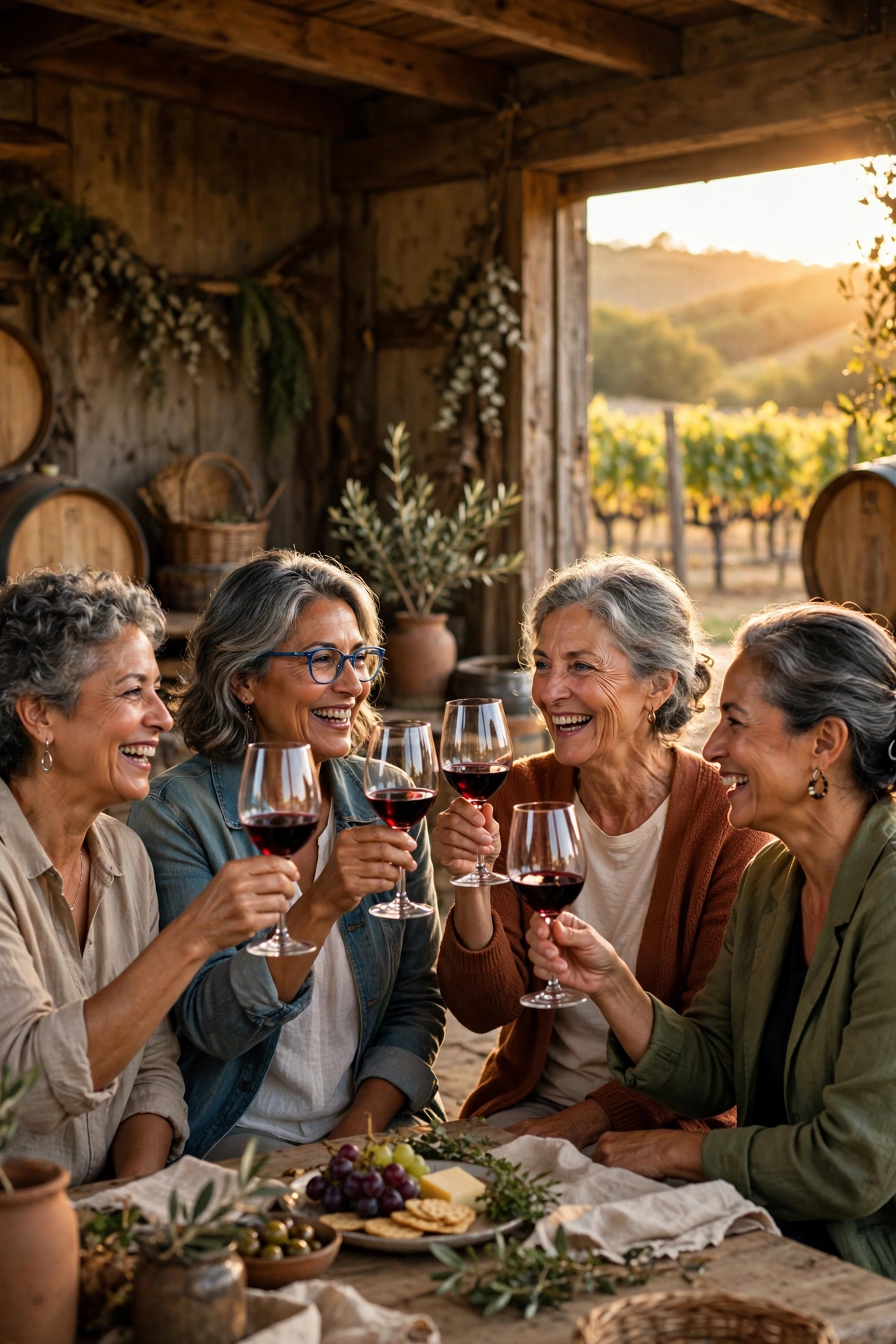 Women in their 60s at a wine tasting in a rustic vineyard room