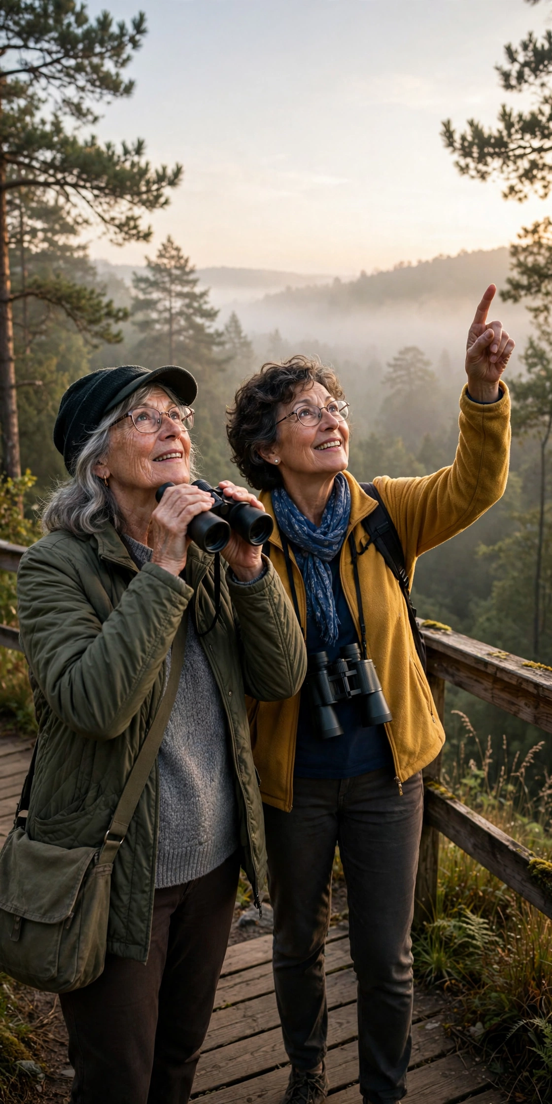 Two women in their 60s bird-watching at dawn on a trail overlook