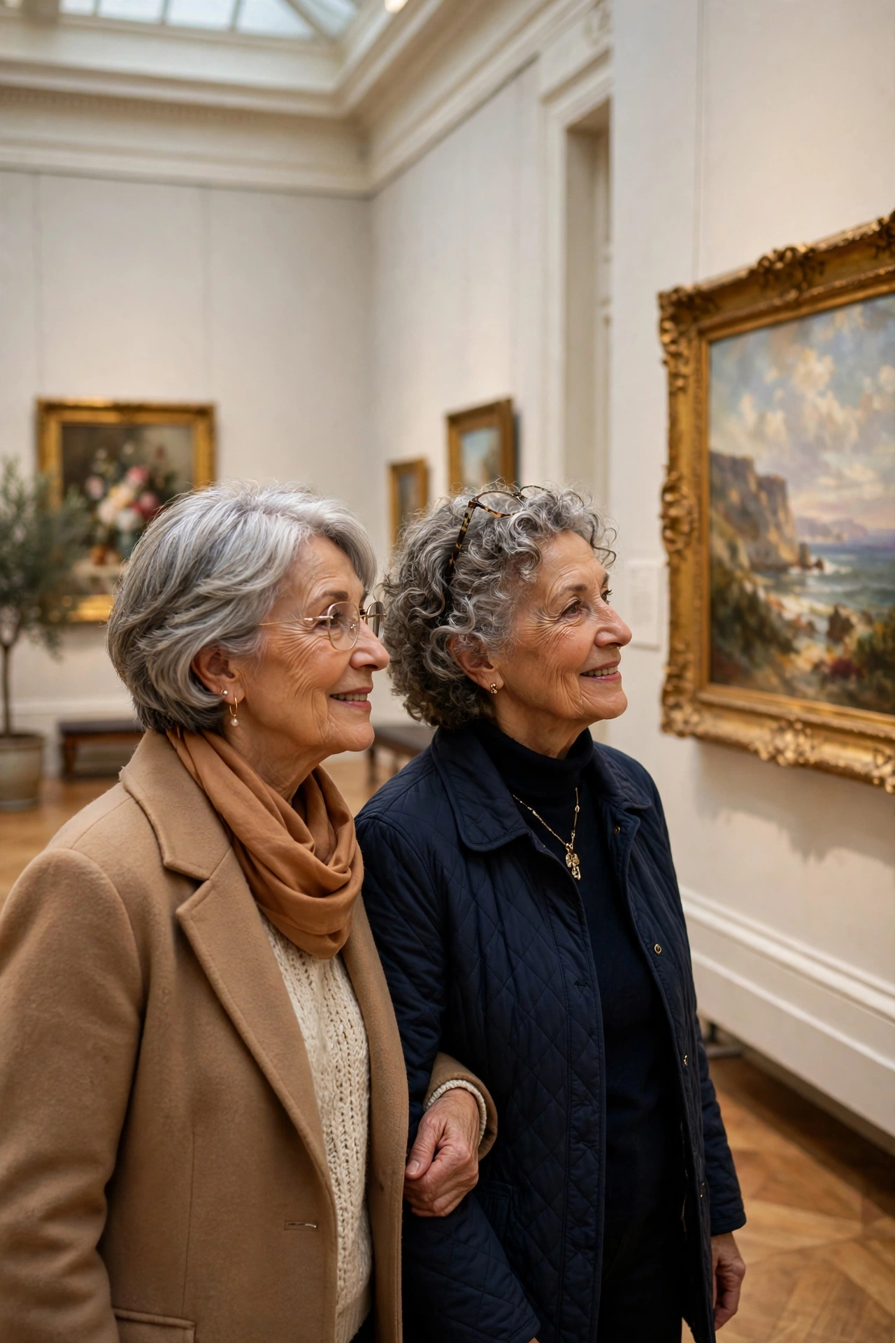 Two women in their 60s admiring art in a museum gallery