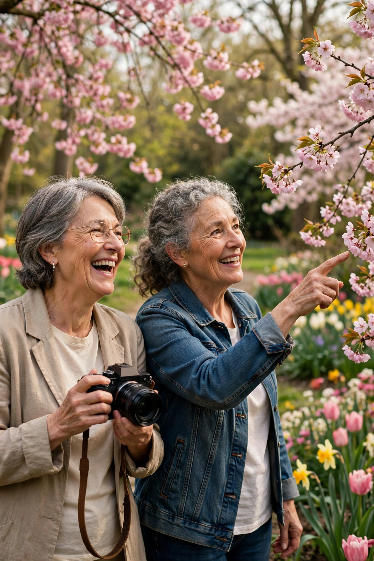 Women in their 60s photographing flowers together in a park