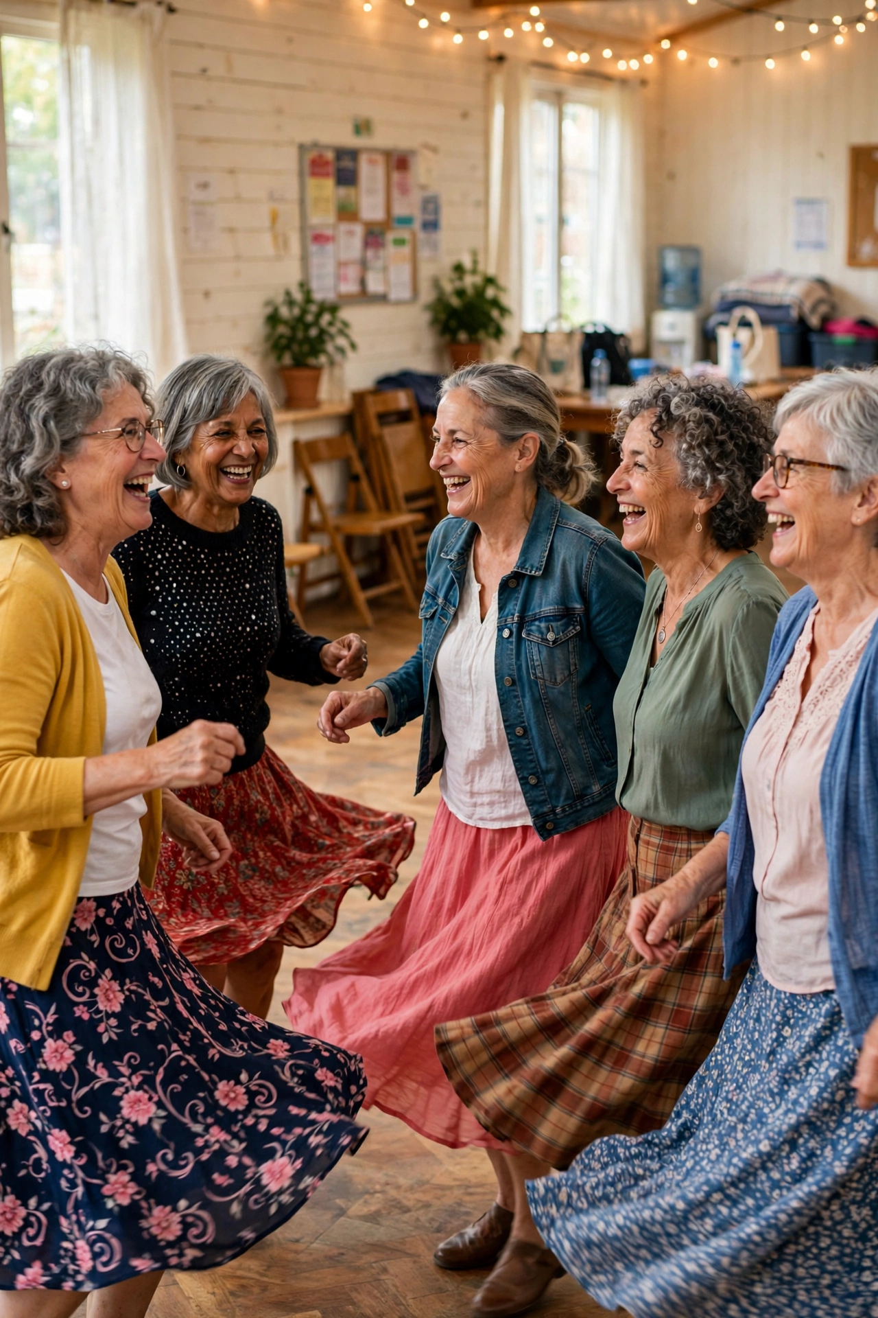 Women in their 60s line dancing together in a community hall