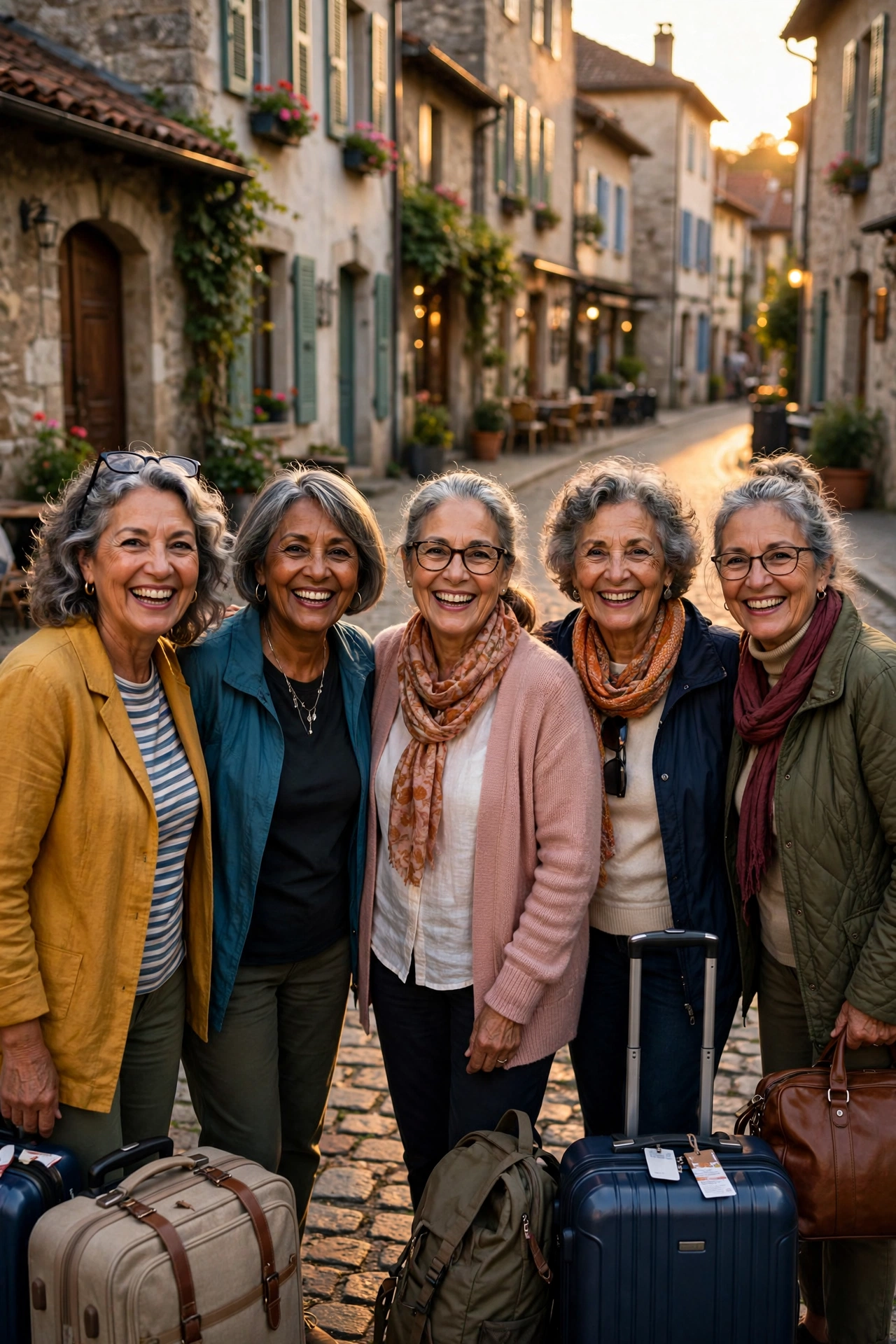 Group of women in their 60s on a group trip in a European old town