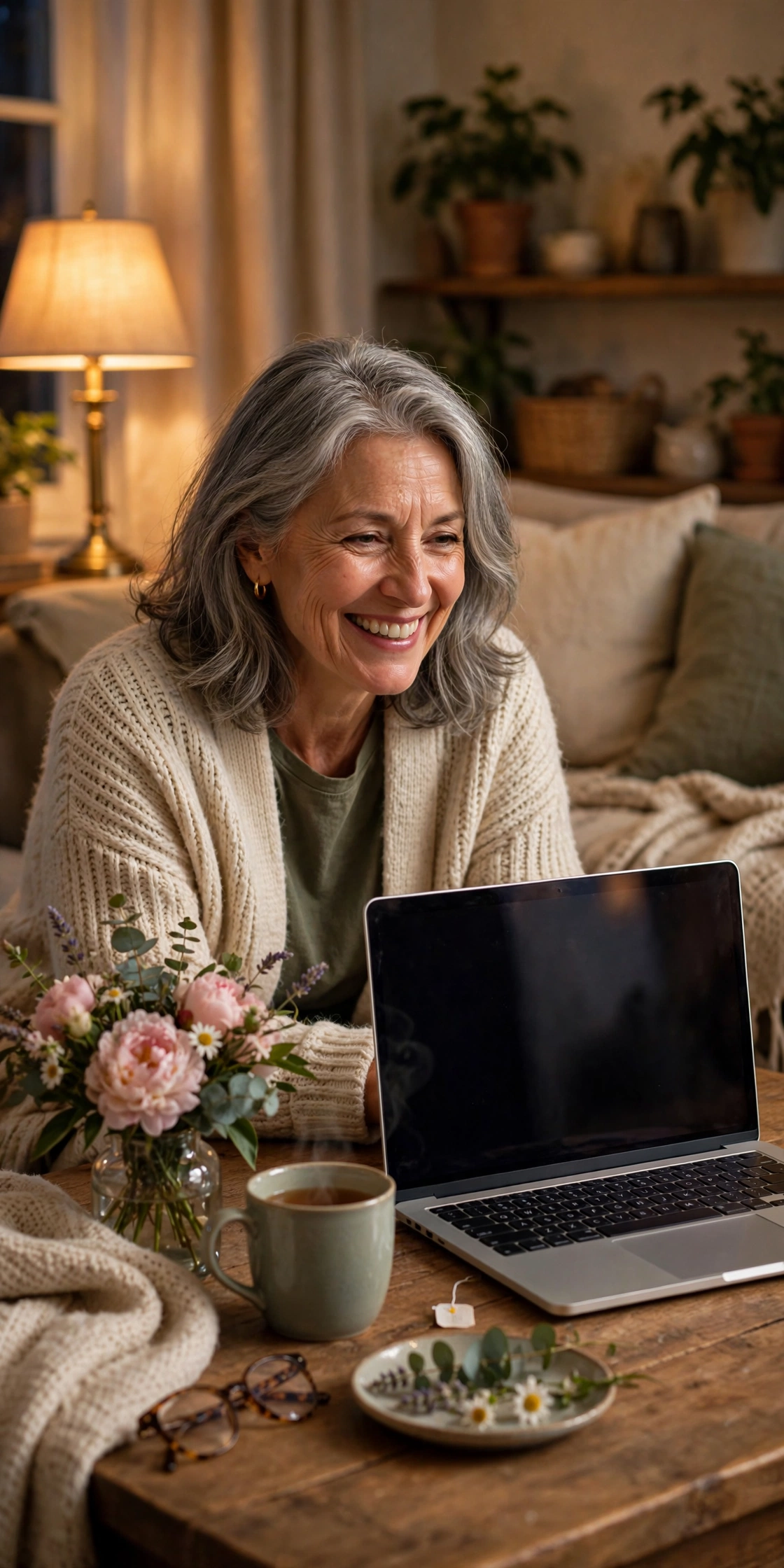 Woman in her 60s on a warm video call from her cozy living room