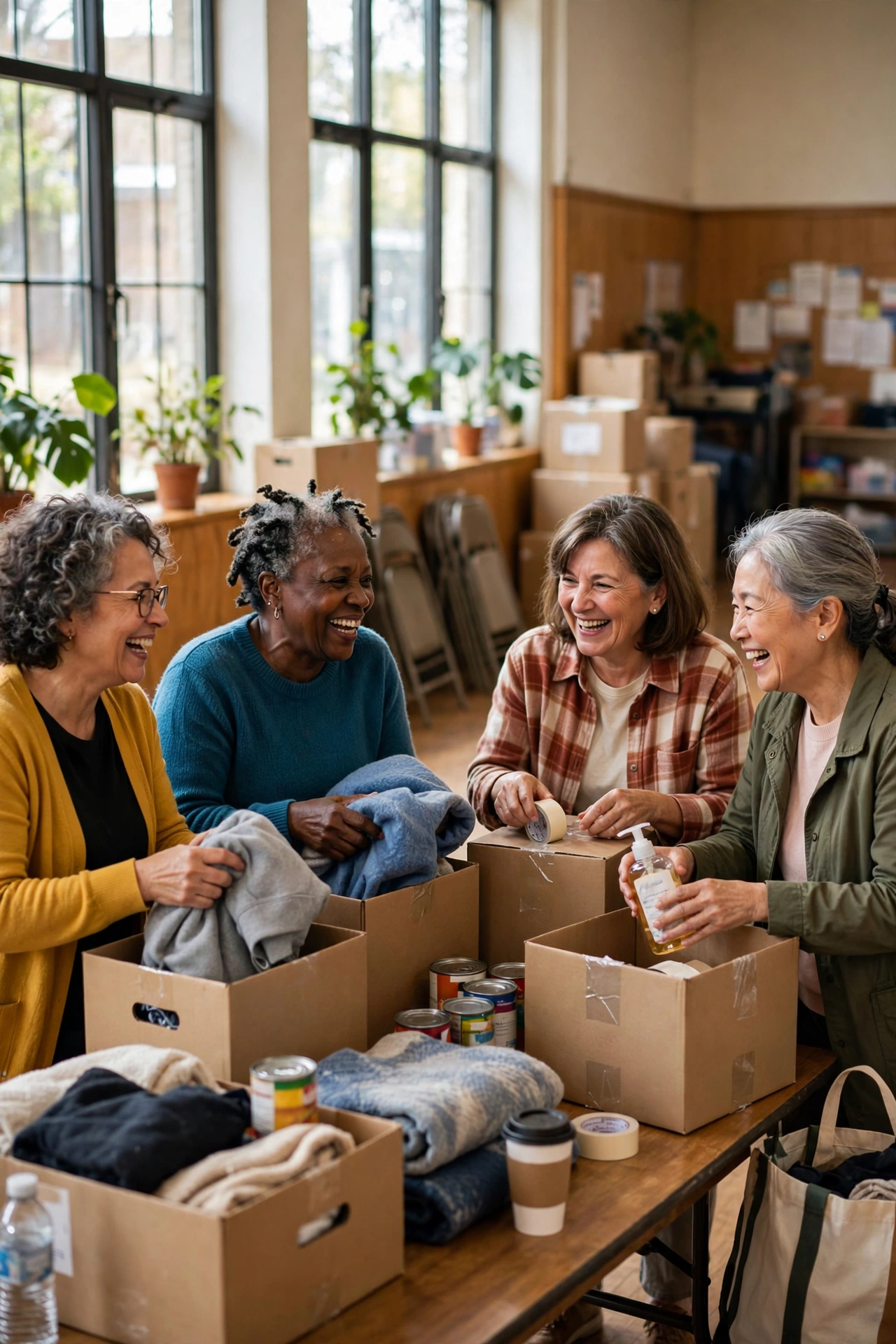 Women in their 60s packing donation boxes together in a community hall