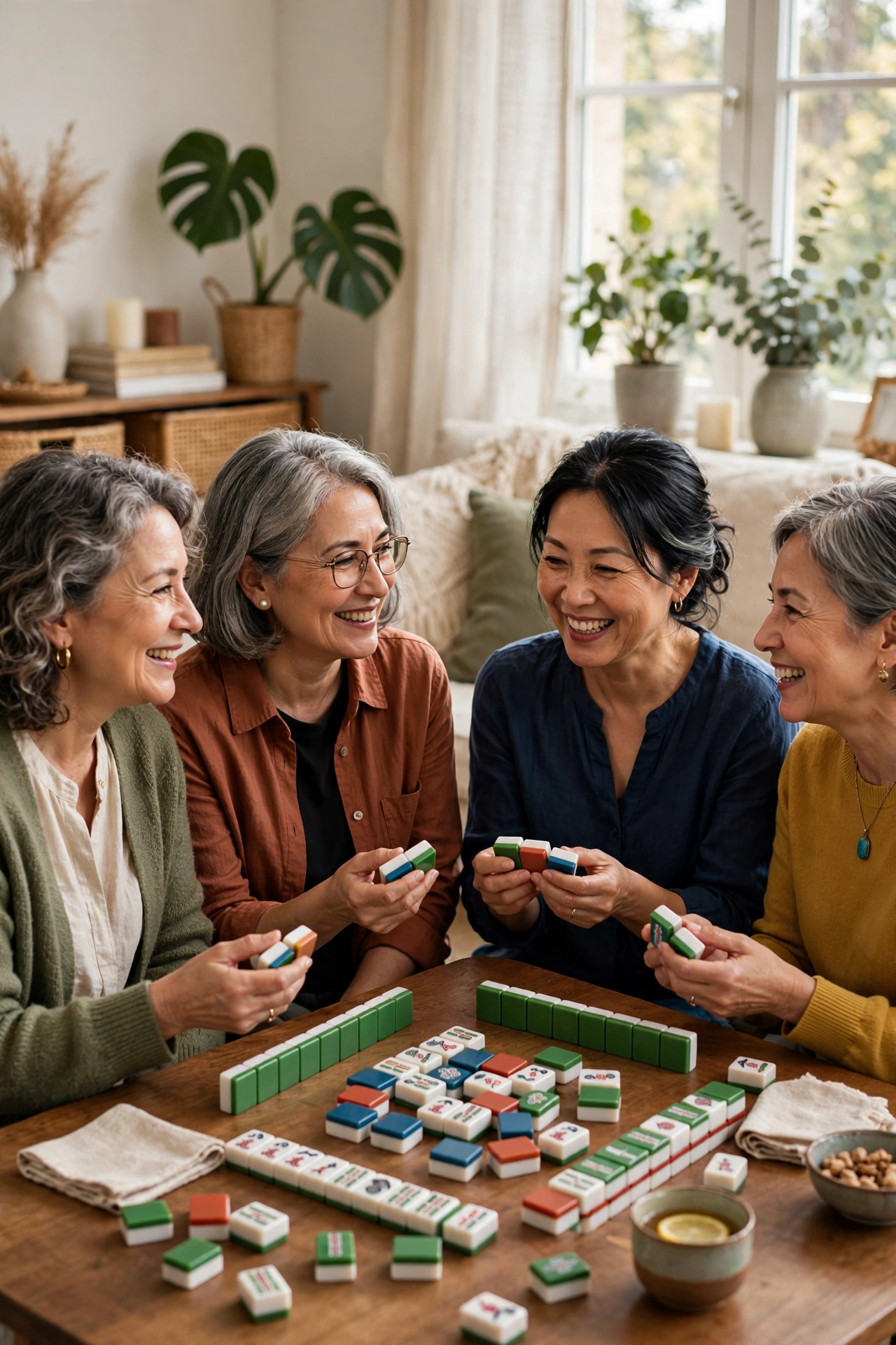 Women in their 60s playing mahjong together in a living room