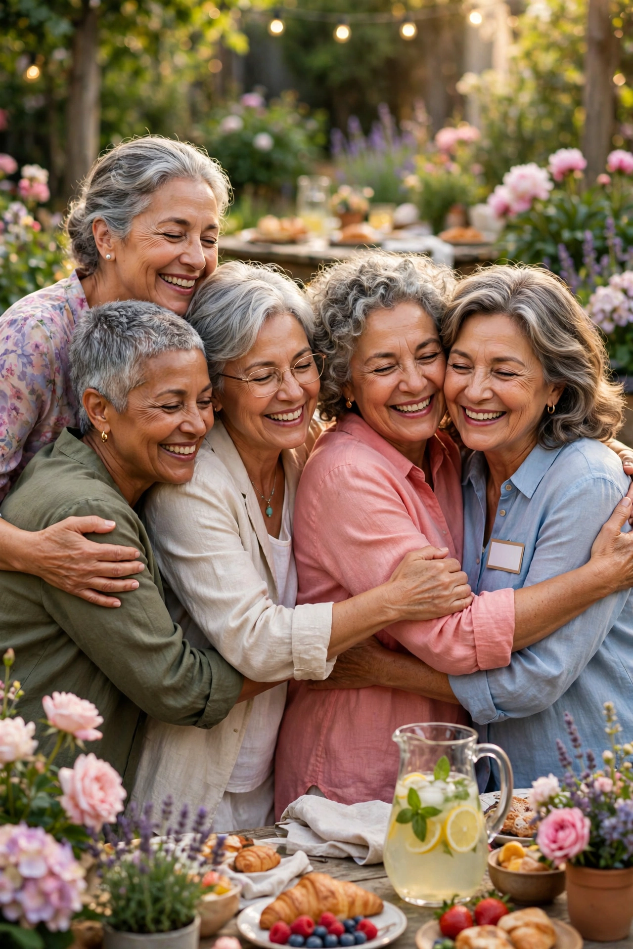 Group of women in their 60s welcoming a new member at a garden party