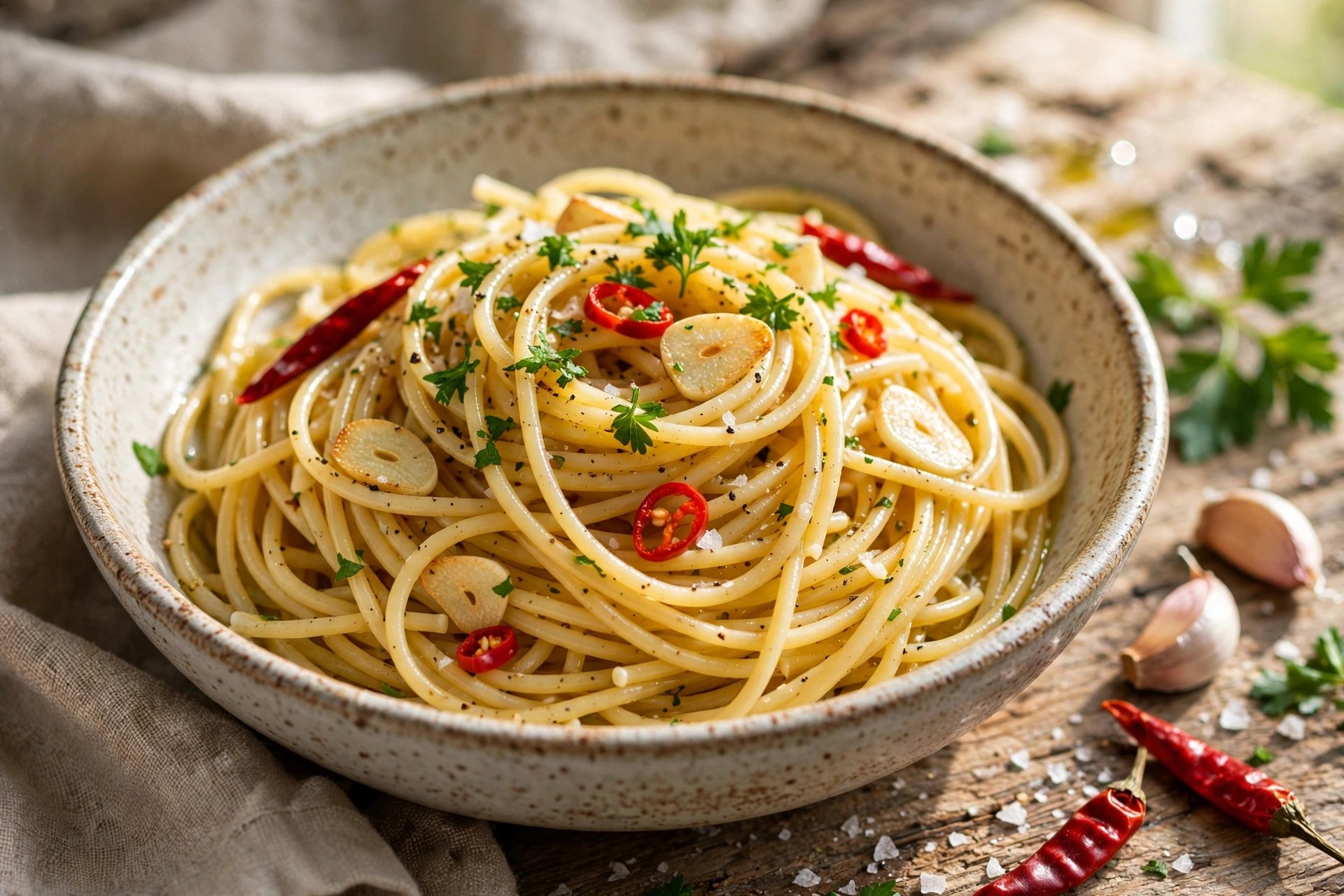 Spaghetti aglio e olio with garlic chili and parsley in a bowl