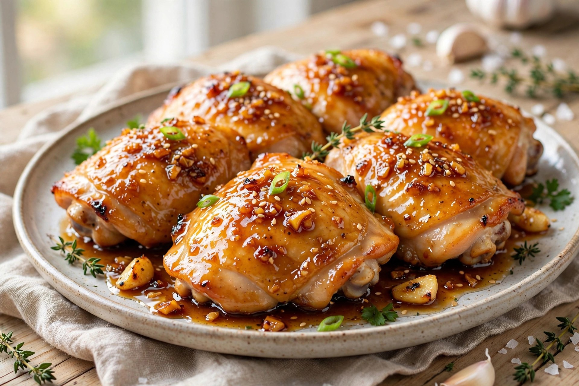 Honey garlic chicken thighs glazed and golden on a plate