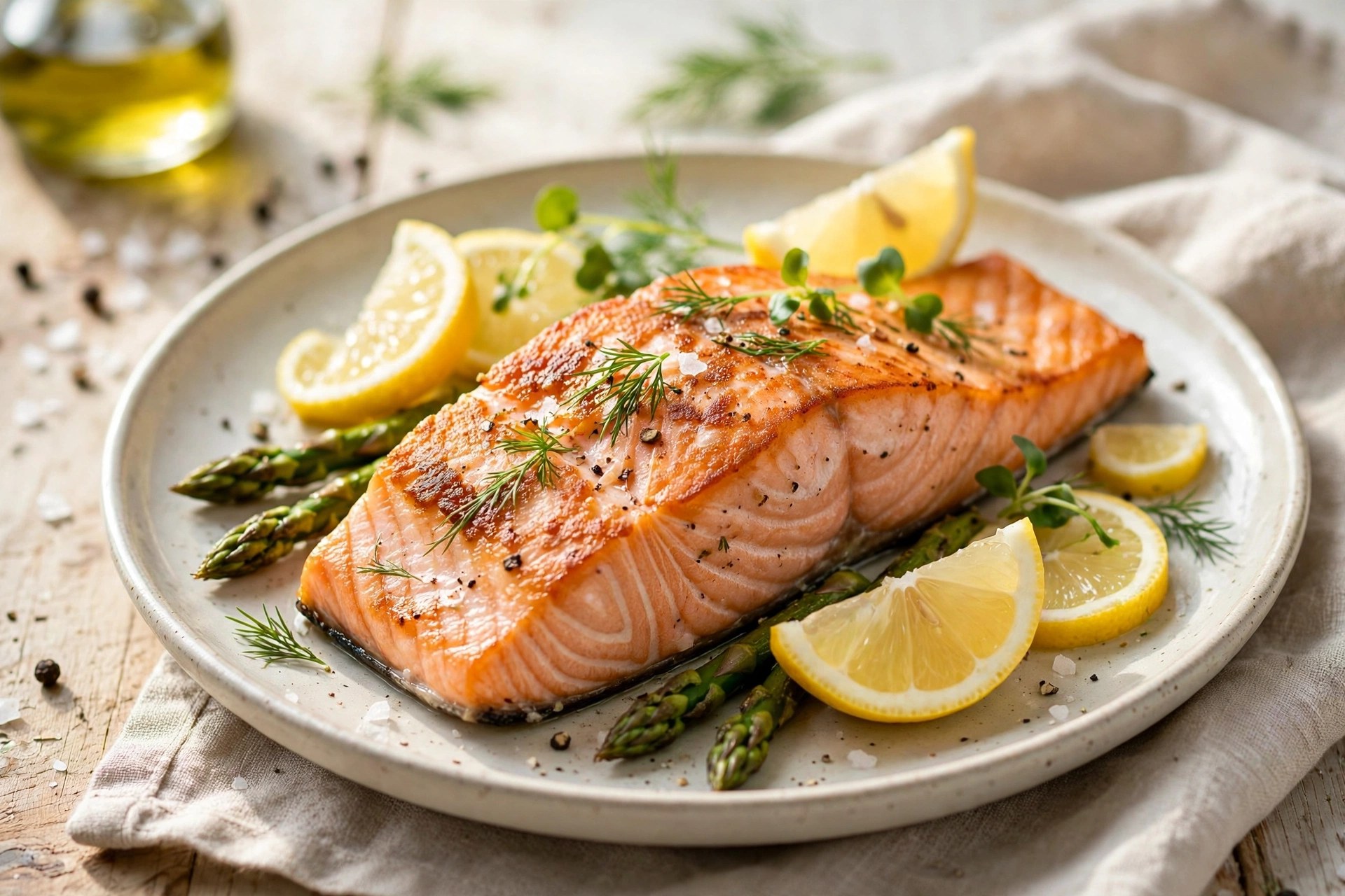 Pan-seared salmon with crispy skin and lemon