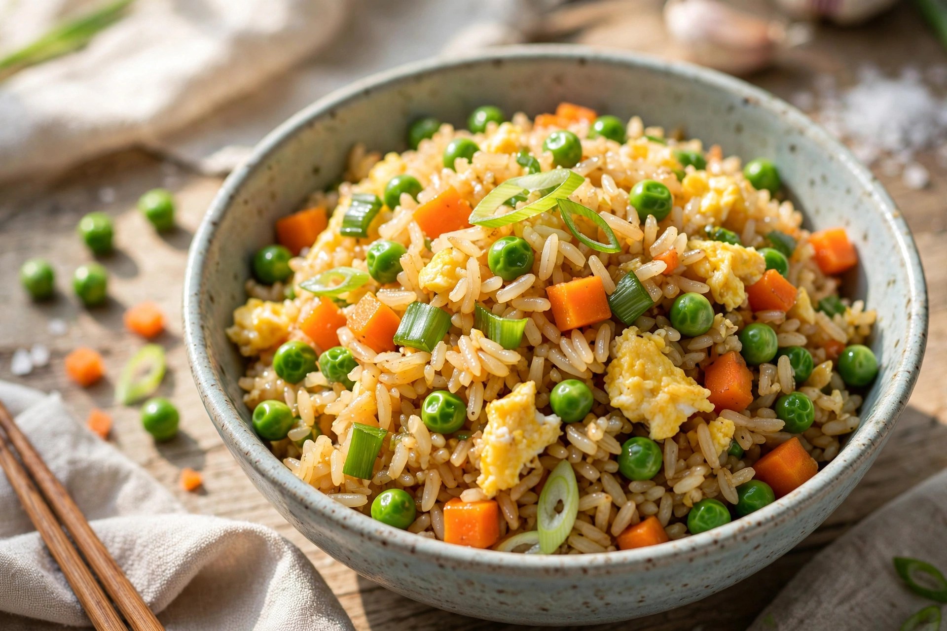 Veggie fried rice with peas carrots and egg in a bowl