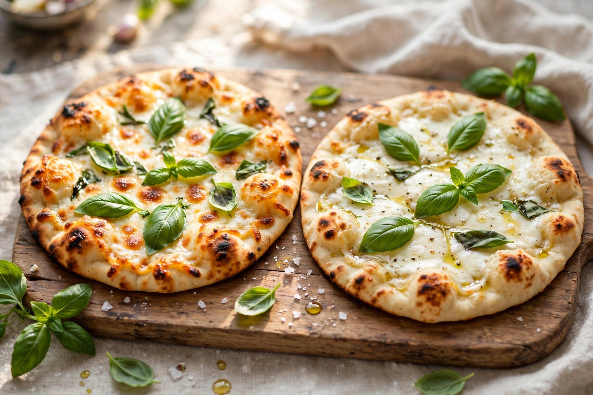 Two naan pizzas with mozzarella and basil on a board